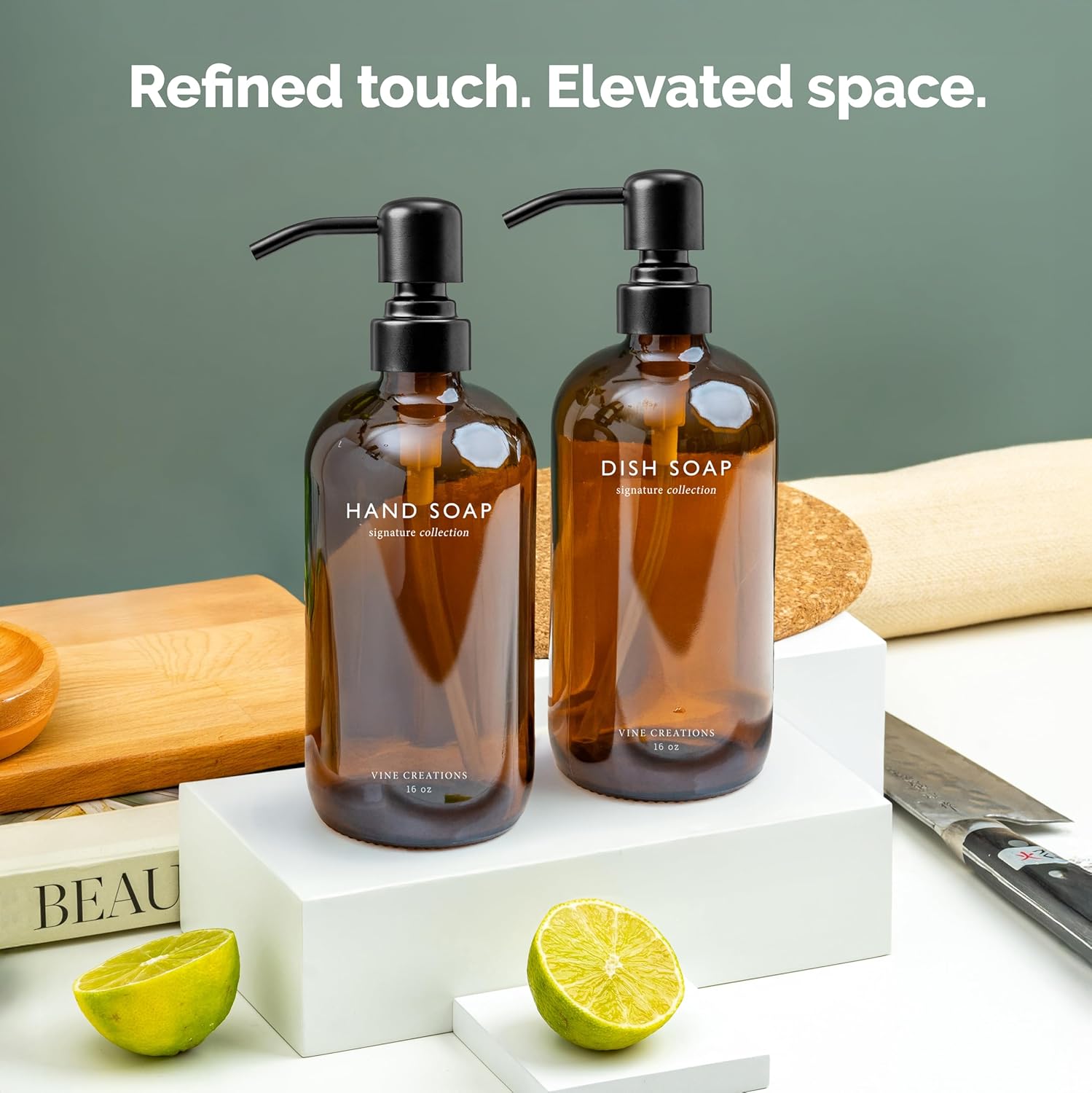 Vine Creations Amber Glass Soap Dispenser Set, Dish Soap and Hand Soap Dispenser Set with Stainless