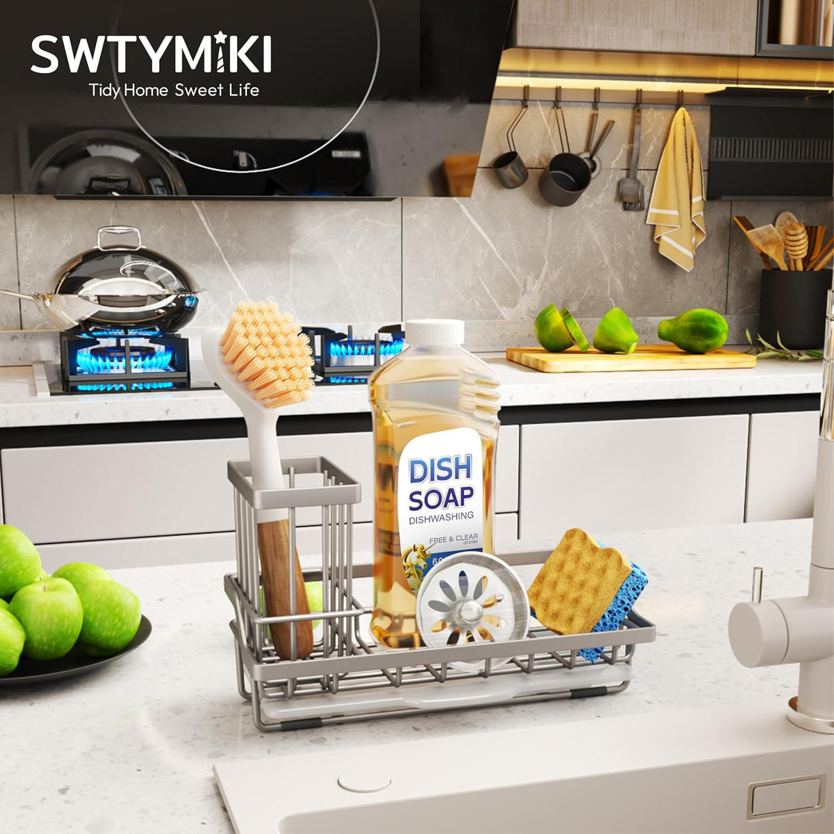 SWTYMIKI Sink Caddy Sponge Holder - Kitchen Sink Organizer with High Brush Holder for Countertop to