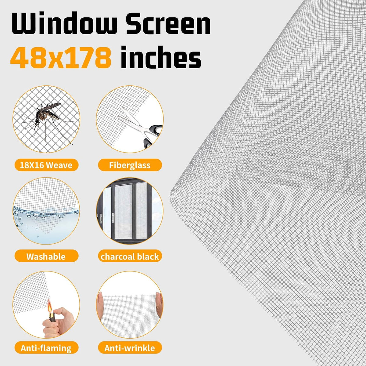 Window Screen Replacement,Screen Door Repair Kit, 48"x178" Grey Window Screen Mesh,Including 50 FT