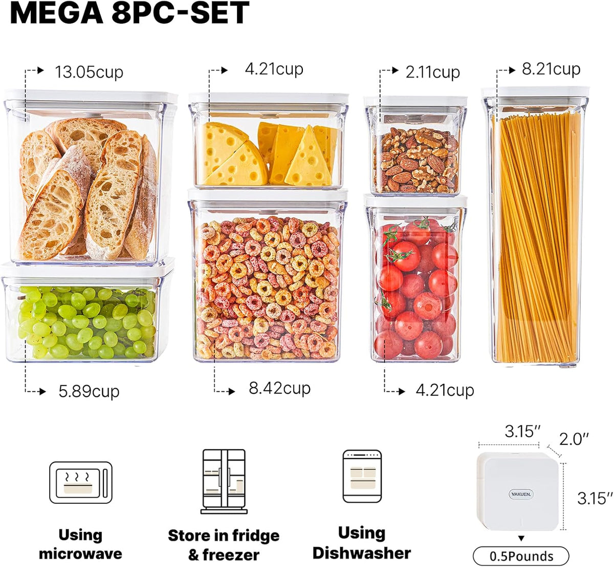VAKUEN Premium Airtight Food Storage Containers Mega 8P/Set. Total 46.11cup, 7pcs Container and