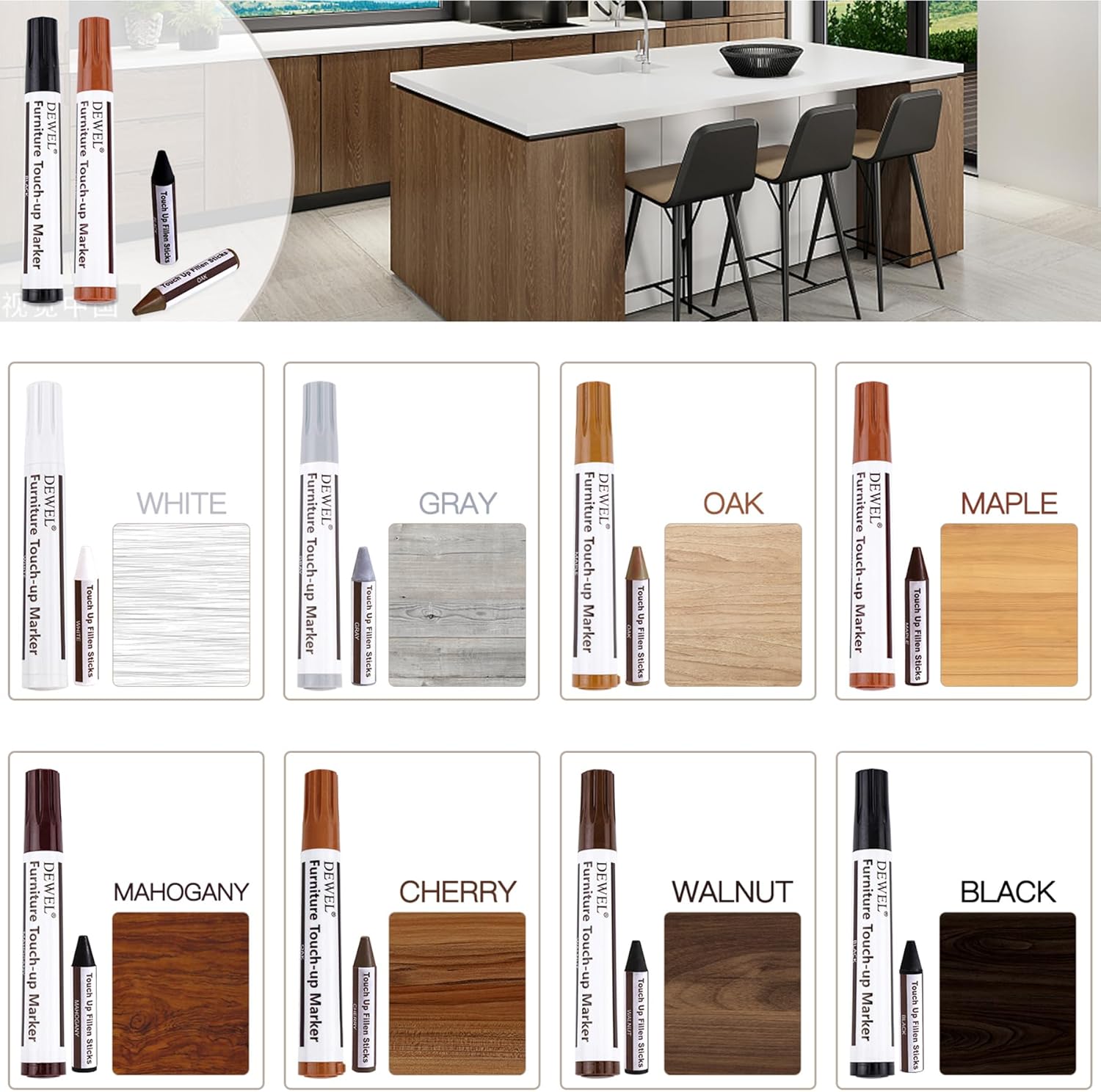 DEWEL Furniture Markers Touch Up, Upgrade Wooden Furniture Repair Kit, Premium Wood Scratch Repair