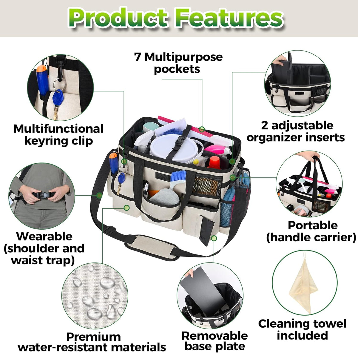 Cleaning Caddy Organizer with Handle - Large Caddy Bag for House & Bathroom Cleaning Supplies, 15 x