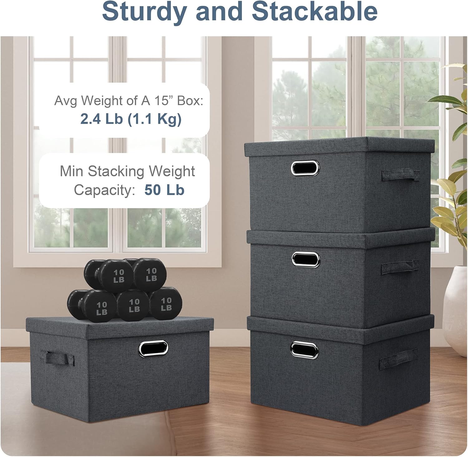 Medium 15" 21 Quart Collapsible Stackable Storage Bins with Lids, 3 Packs Dark Grey Foldable Fabric