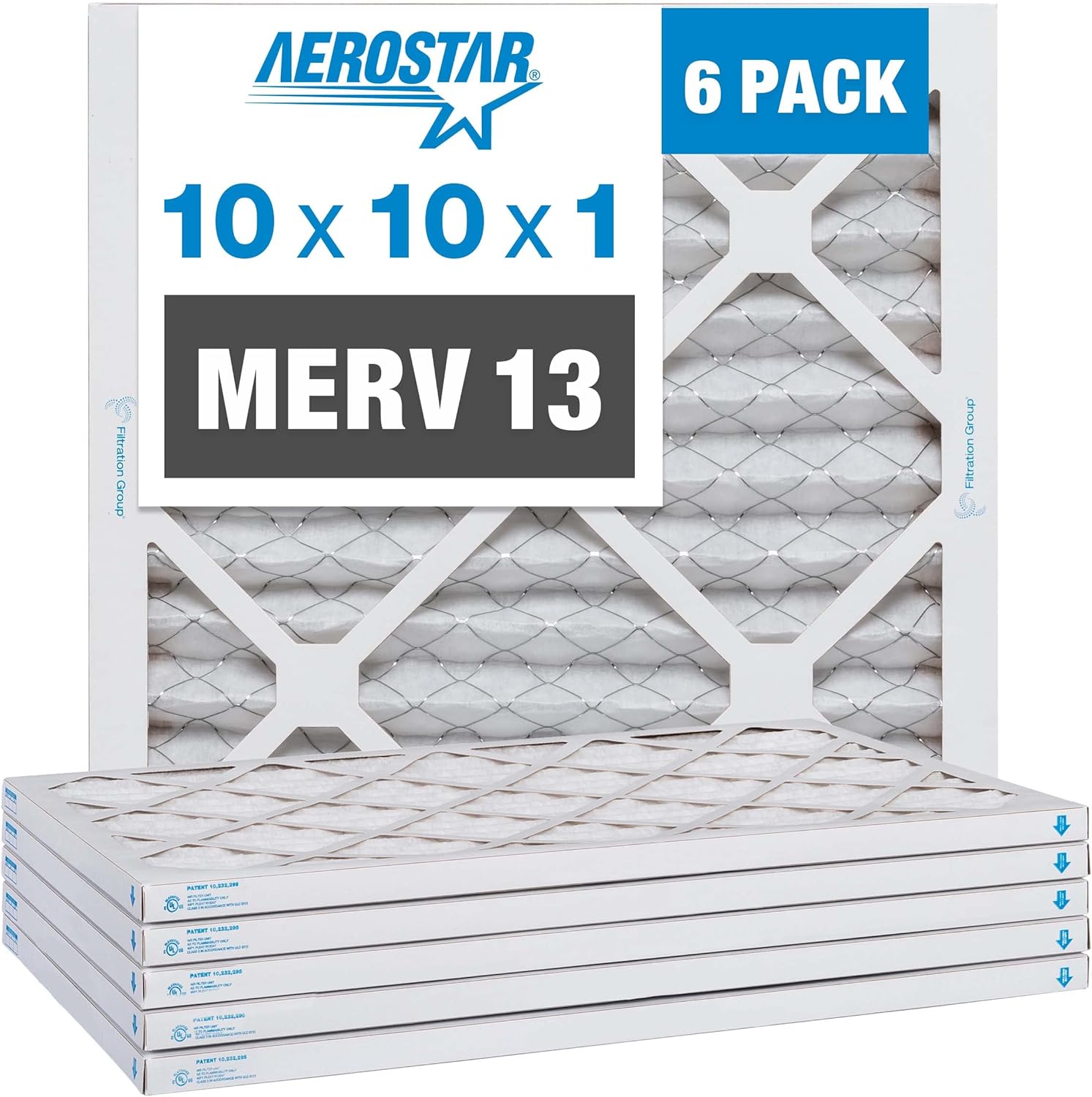 Aerostar 10x10x1 MERV 13-6 Count - Pleated Furnace & Air Conditioner Filters - Removes Bacteria