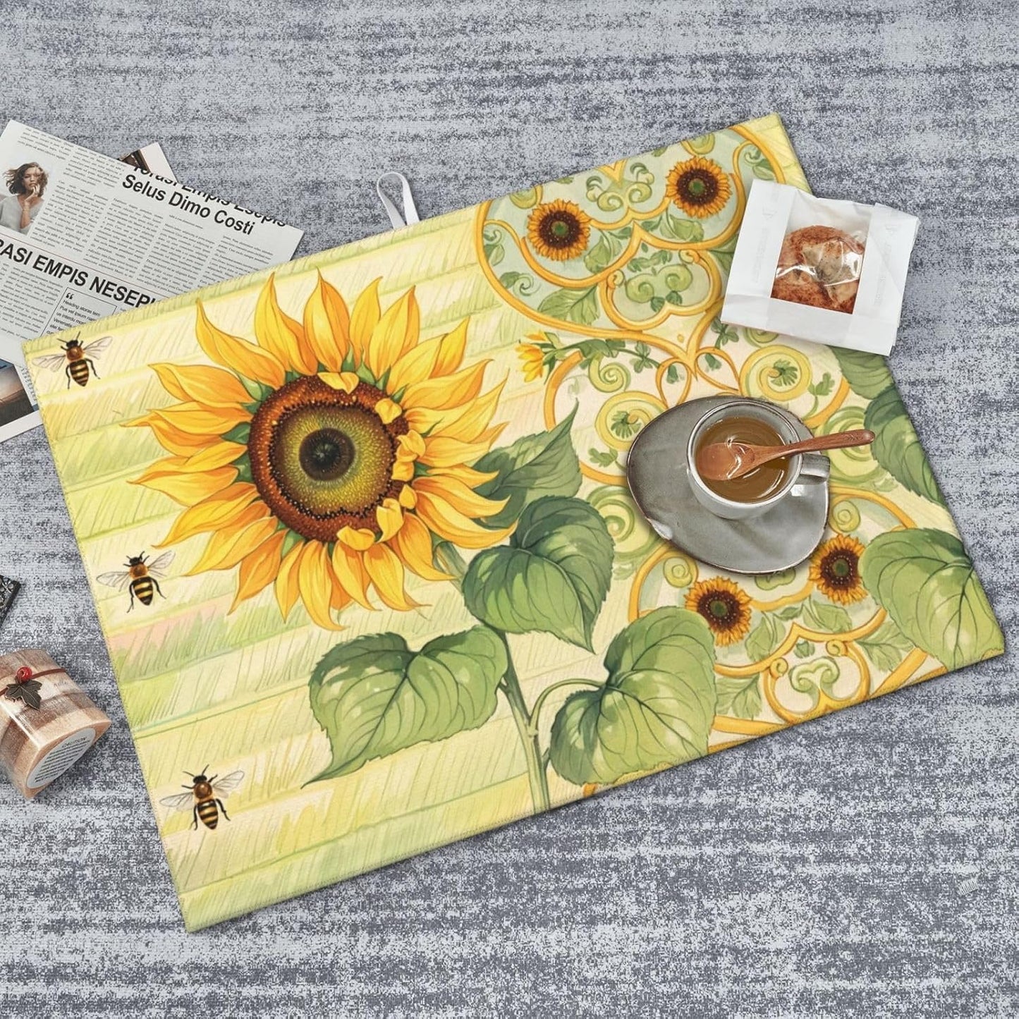 Sunflower Bee Dish Drying Mat Highly Absorbent Double-Sided Microfiber with Hanging Loop Reversible