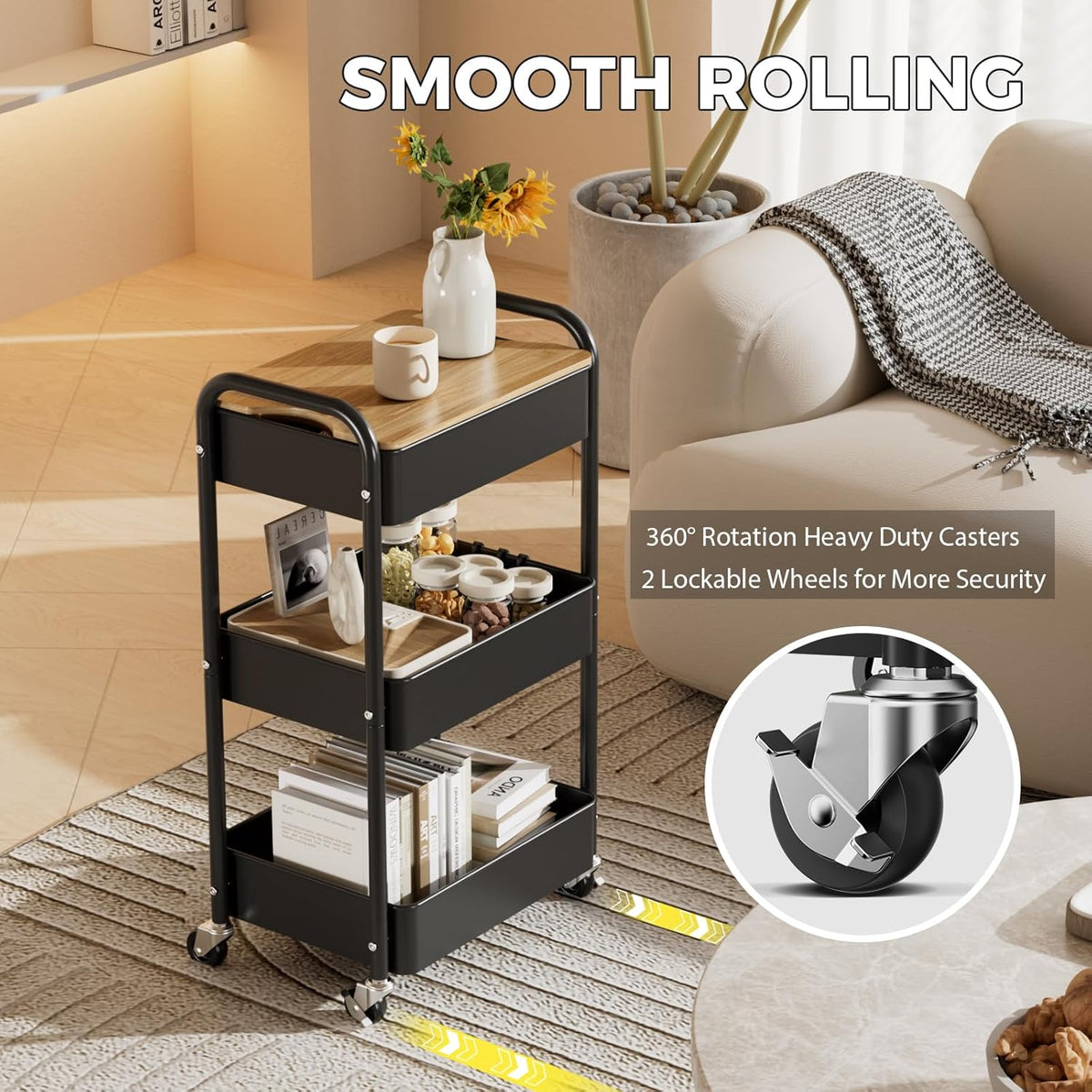 3 Tier Rolling Cart with Table top, Metal Utility Cart, Sturdy Storage Organizer Cart with Locking