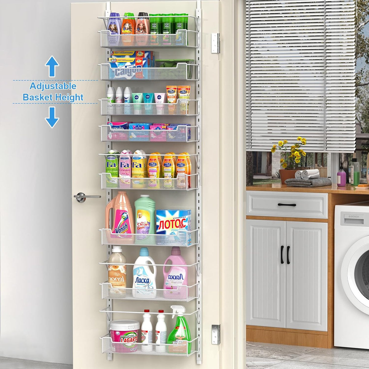 Over the Door Pantry Organizer, 8-Tier Over the Door Organizer with Adjustable Basket, Pantry Door