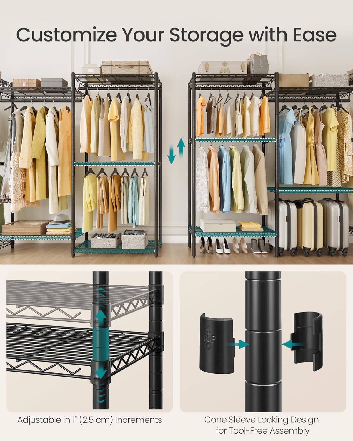 SONGMICS Heavy-Duty Clothes Rack, Garment Rack, Portable Closet, 68.7-Inch Wide Clothing Rack with
