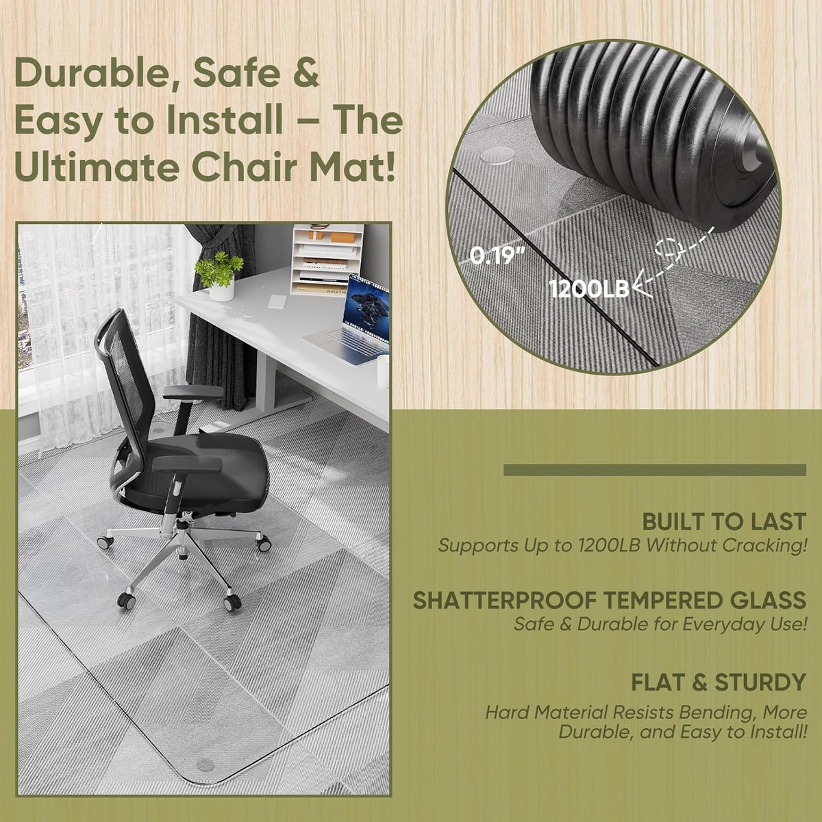 Office Chair Mat for Carpet & Hardwood, Upgraded 29" x 48" Dual Use Tempered Glass Chair Mat for