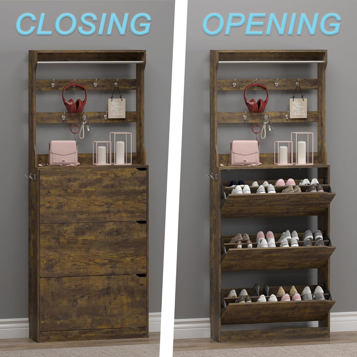 Shoe Cabinet with 3 Flip Drawers & Coat Rack, Narrow Hidden Shoe Storage Cabinet, 2-in-1 Hall Tree