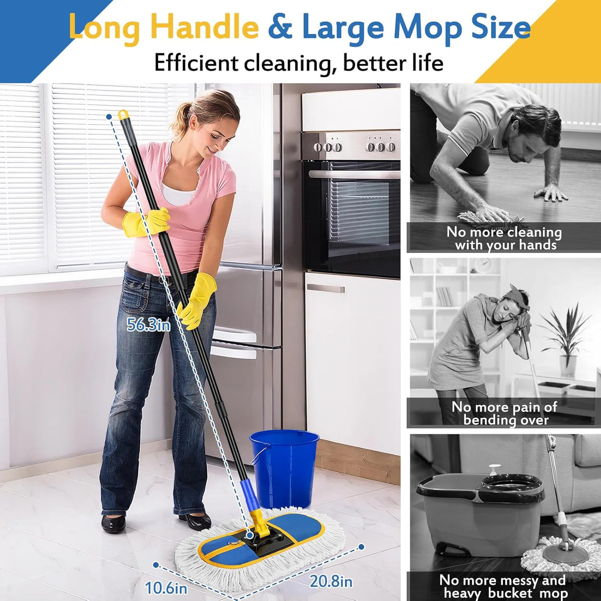 16 Inch Commercial Dust Mop for Floor Cleaning - Industrial Wet Dry Broom with 2 Washable Mops Pads