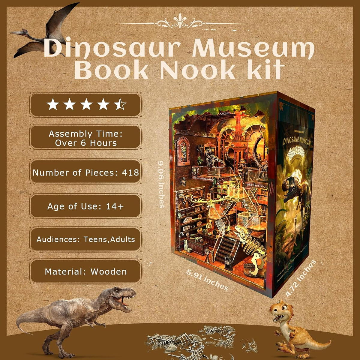 Book Nook Kit for Adults - DIY Dinosaur Museum Booknook, 3D Wooden Dollhouse Puzzle with LED