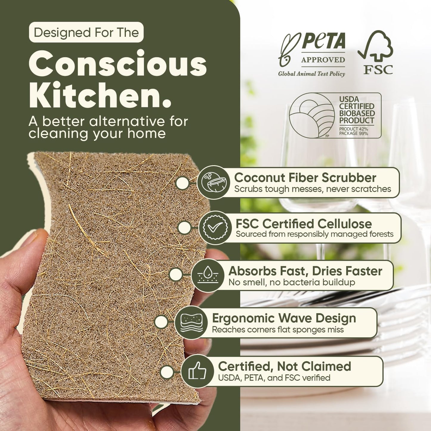 Plant-Based Kitchen Sponges (12 Pack) | USDA Biobased Certified | FSC & PETA Approved | Natural