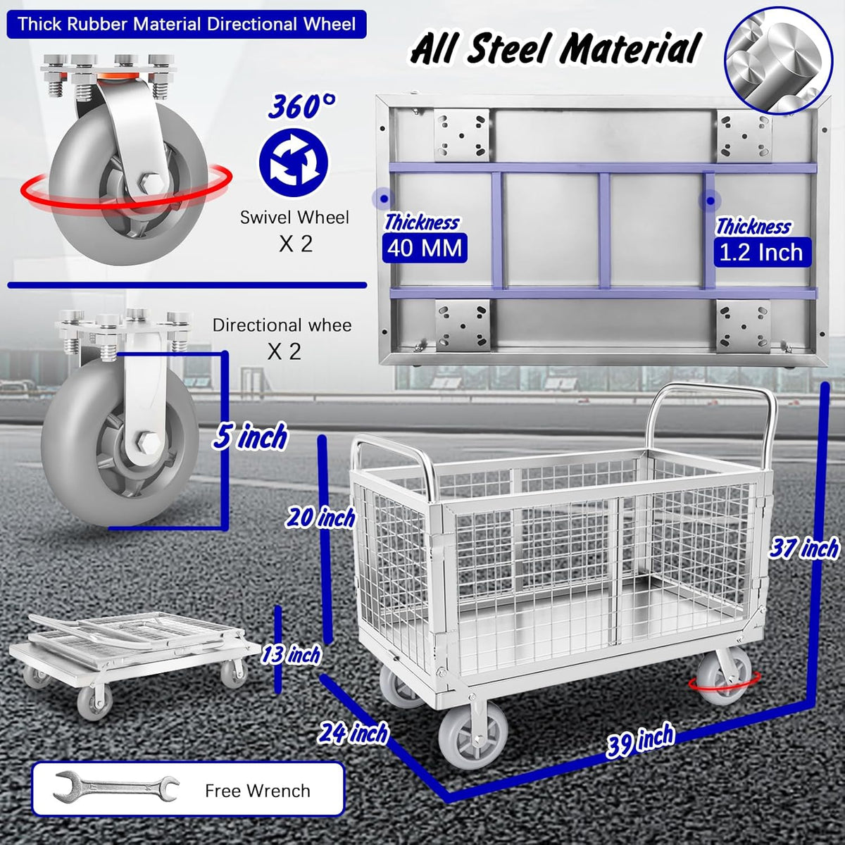 Platform Truck with Cage, 6 in1 Foldable Heavy Duty Steel Flatbed Cart, Large Utility Cart