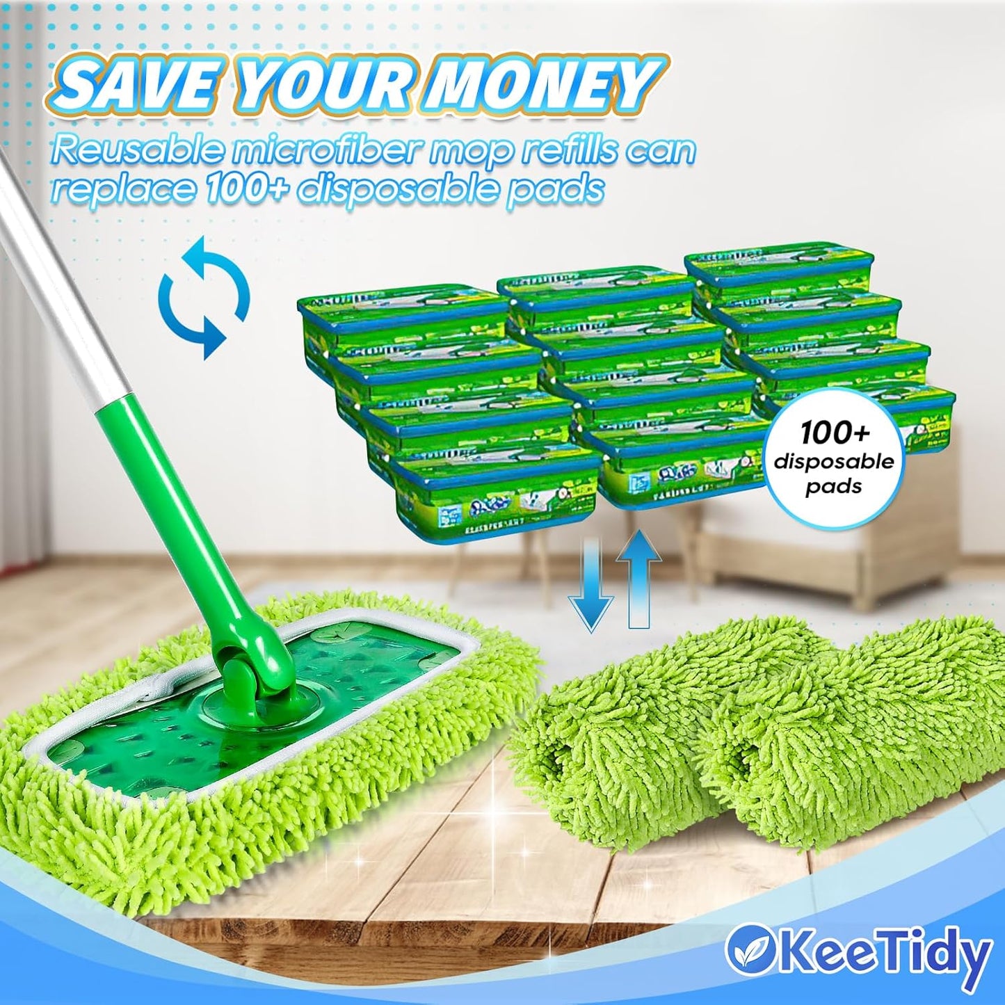 Reusable Mop Pads Compatible with Swiffer Sweeper Mops, 3 Pack 12 Inch Washable Microfiber Wet Pads