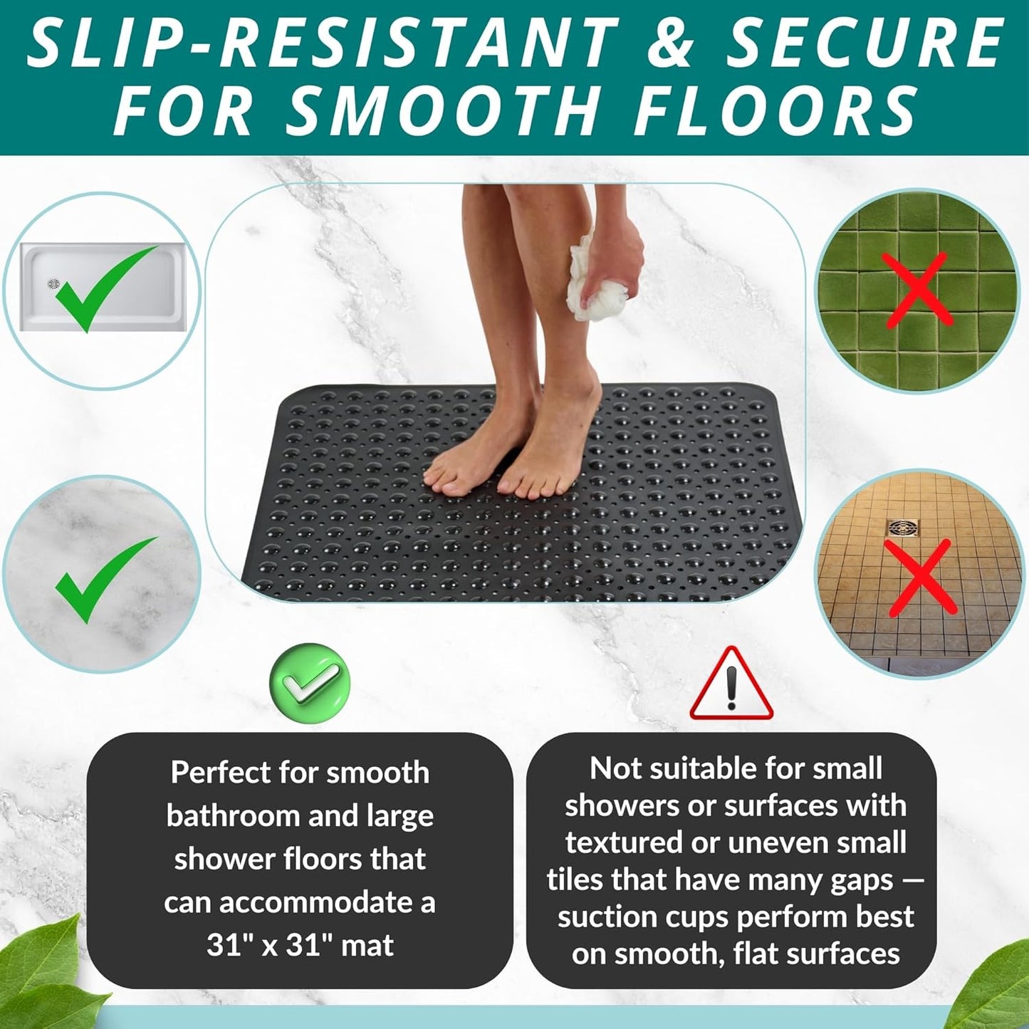 ENKOSI Extra Large Square Non Slip Shower Mat - 31 x 31-inch XL Bathroom Shower Mat - Square Shower