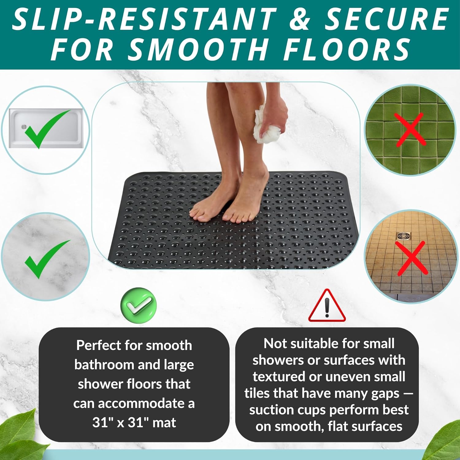 ENKOSI Extra Large Square Non Slip Shower Mat - 31 x 31-inch XL Bathroom Shower Mat - Square Shower
