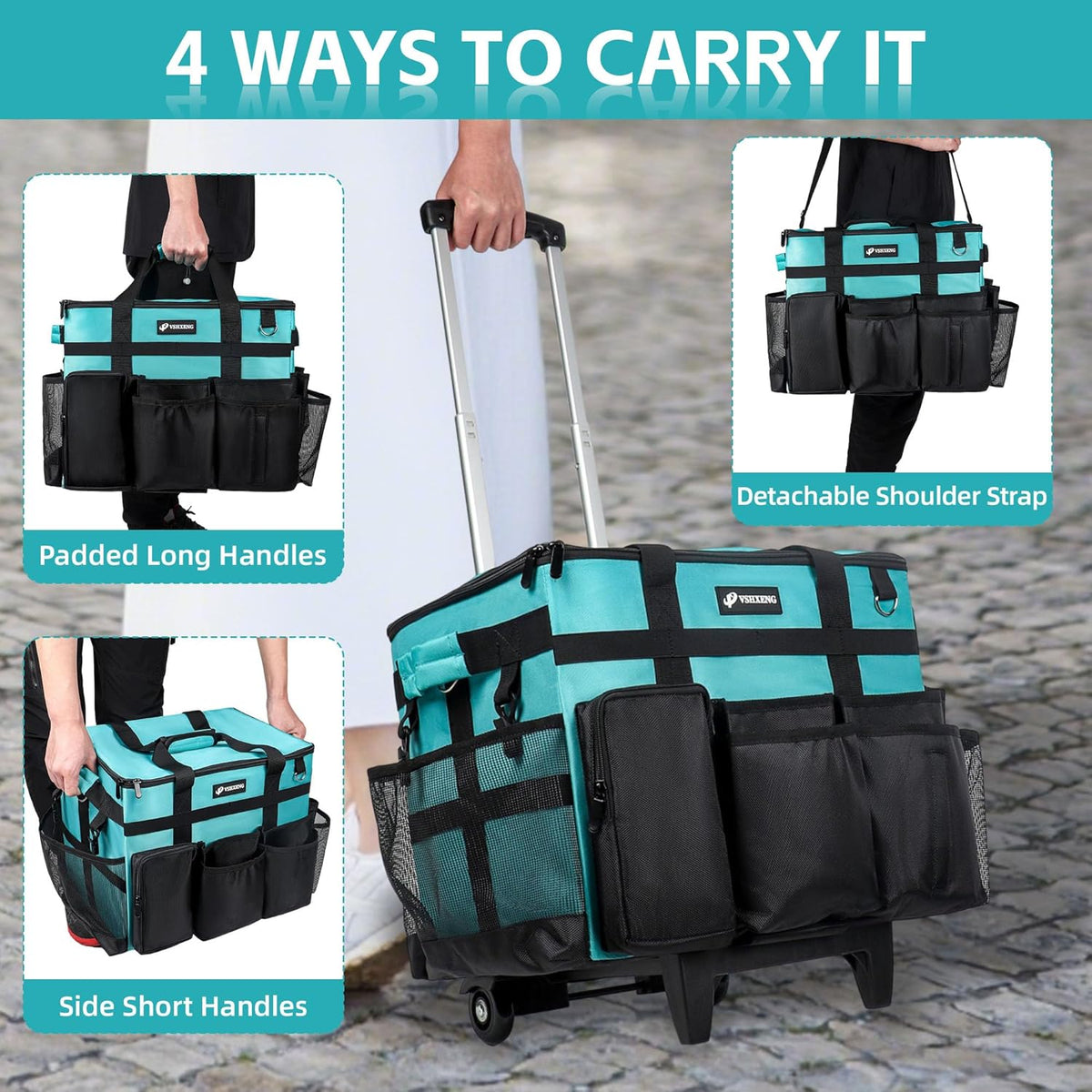 Rolling Cleaning Caddy Bag with Wheels, Large Cleaning Cart Detachable Trolley, Cleaning Bags for