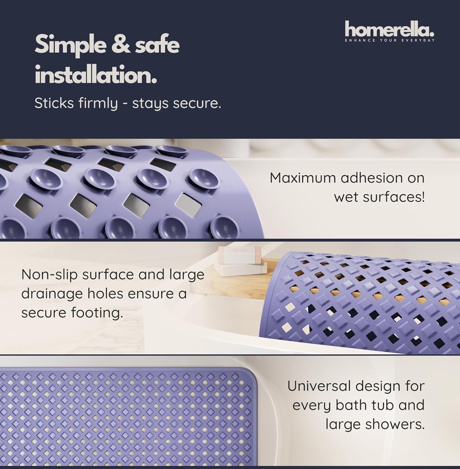 homerella® Bathtub Mat Non Slip 35x16, Incl. Hooks for Drying, Extra Long, 100% BPA Free, Shower