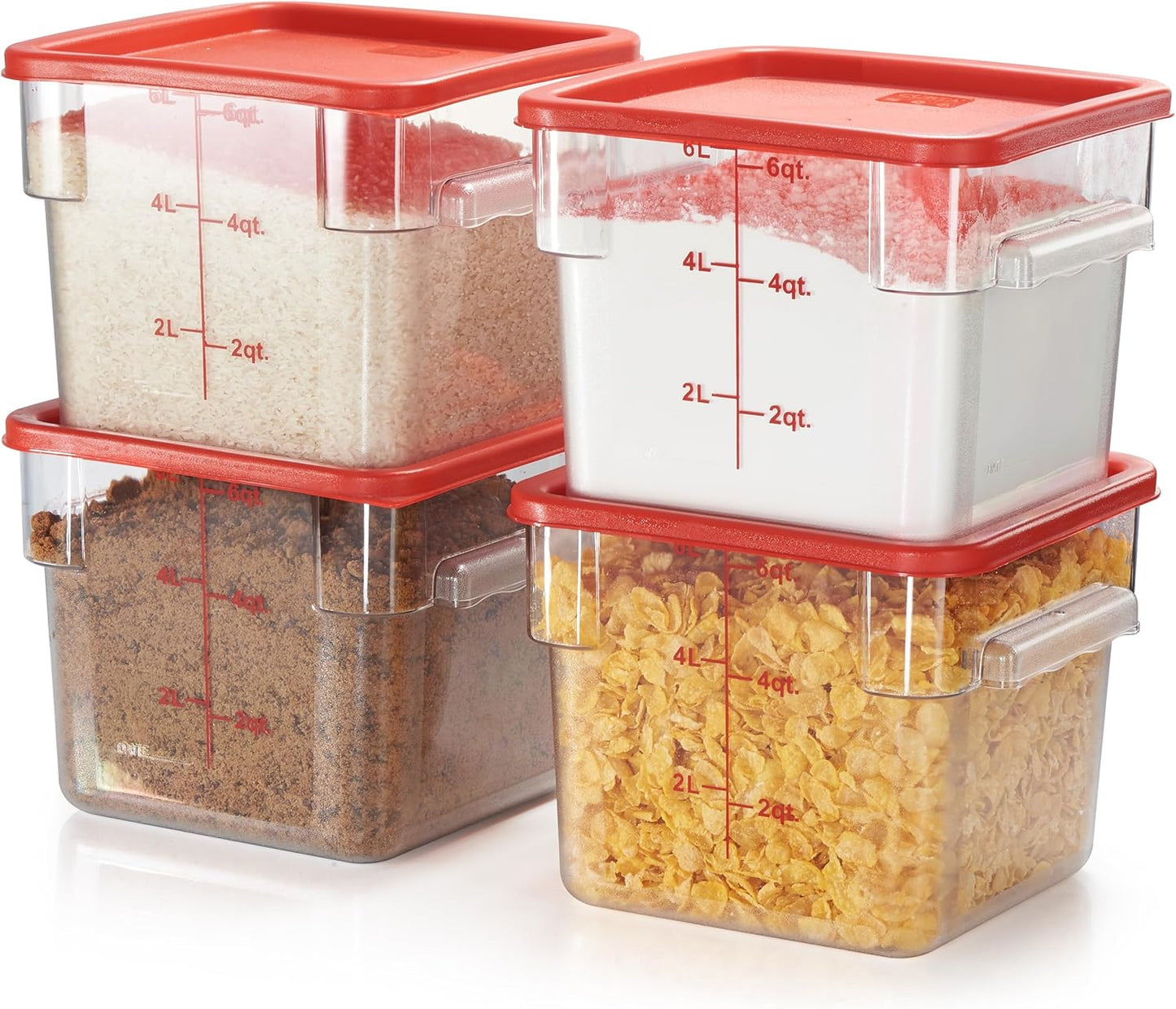 CURTA 4 Pack Food Storage Container with Red Lid - NSF Commercial Grade in 6.0 Qt - Square, Clear