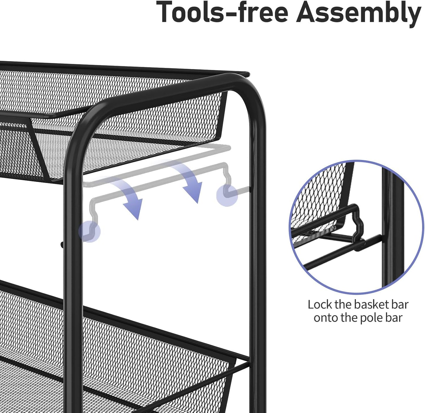 TOOLF 3-Tier Metal Rolling Cart, Mesh Wire Easy Assemble Utility Cart, Storage Trolley on Wheels