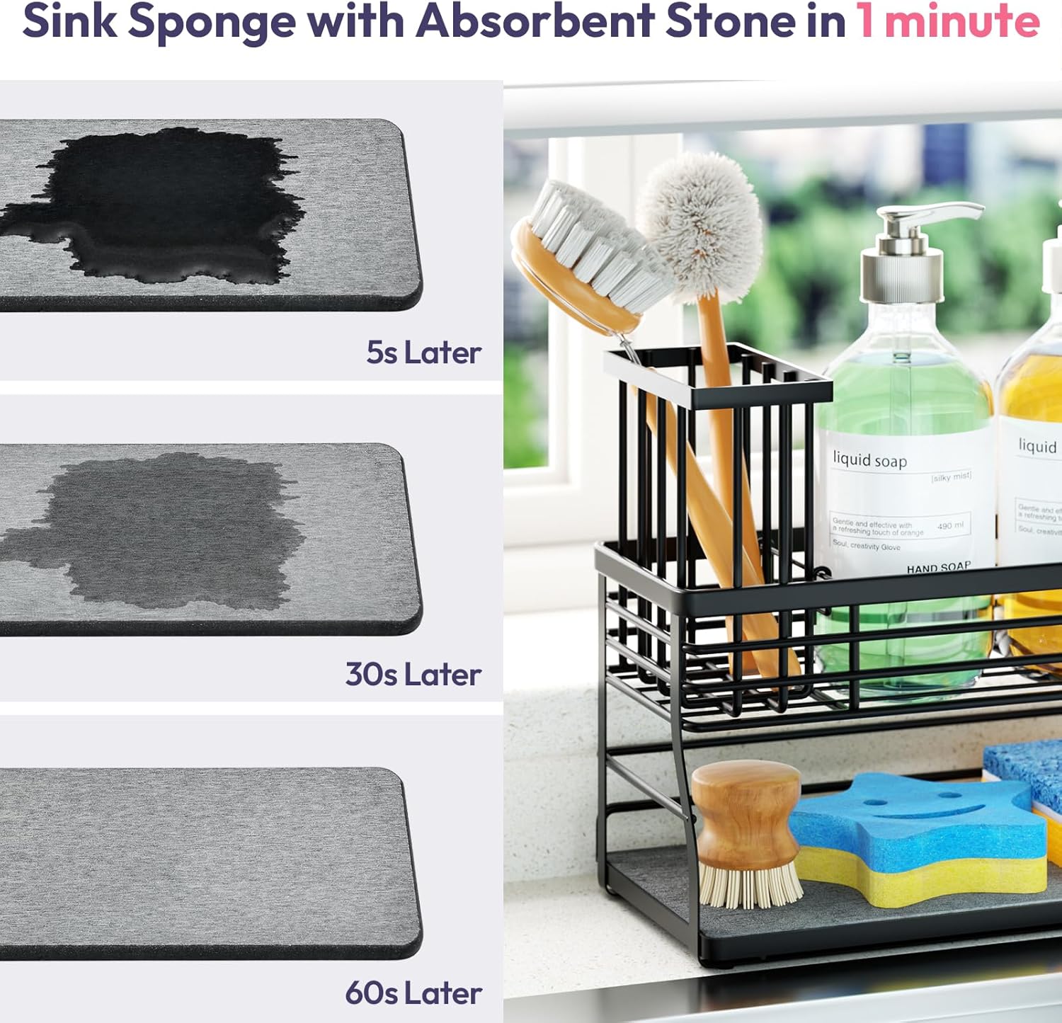 SWTYMIKI Sponge Holder for Kitchen Sink - 2 Tier Rustproof Sink Caddy with Instant Drying Stone
