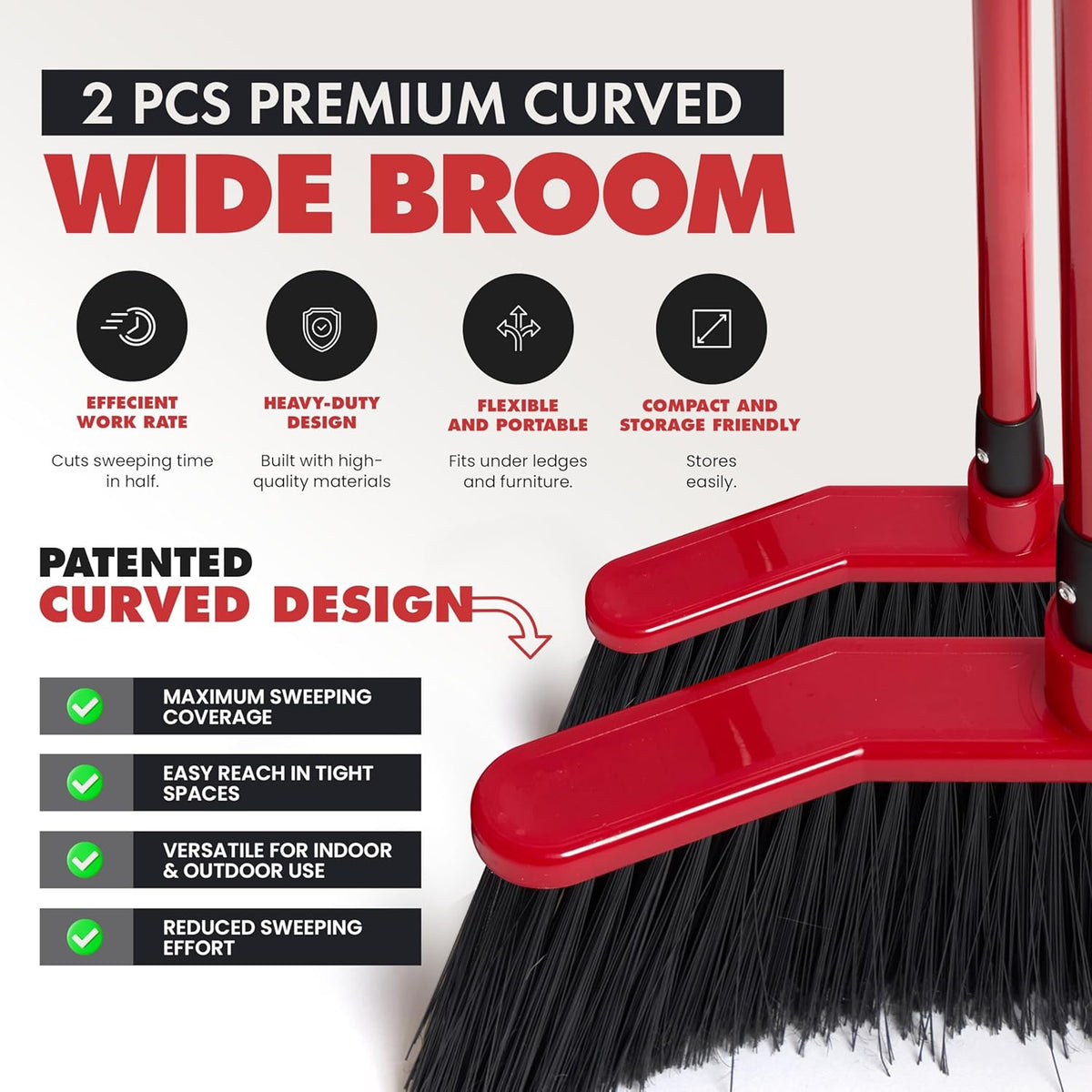 Da Vinci Curved Angle Broom (2) - Sturdy Wide Broom for Indoor/Outdoor Sweeping, Heavy Duty Steel