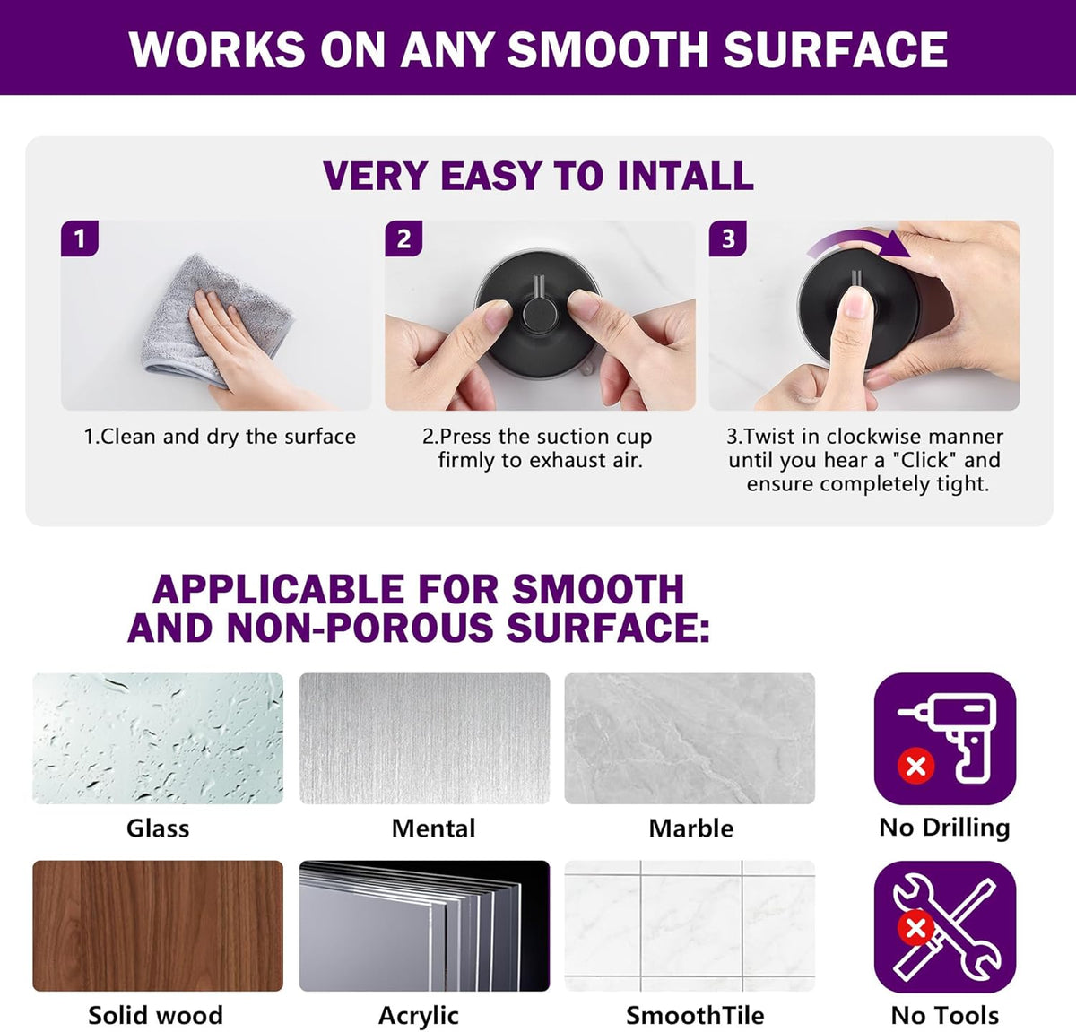 JOMOLA Stainless Steel Bathroom Suction Hooks - No Drill Adhesive-Free Wall Mount for Shower, Towel