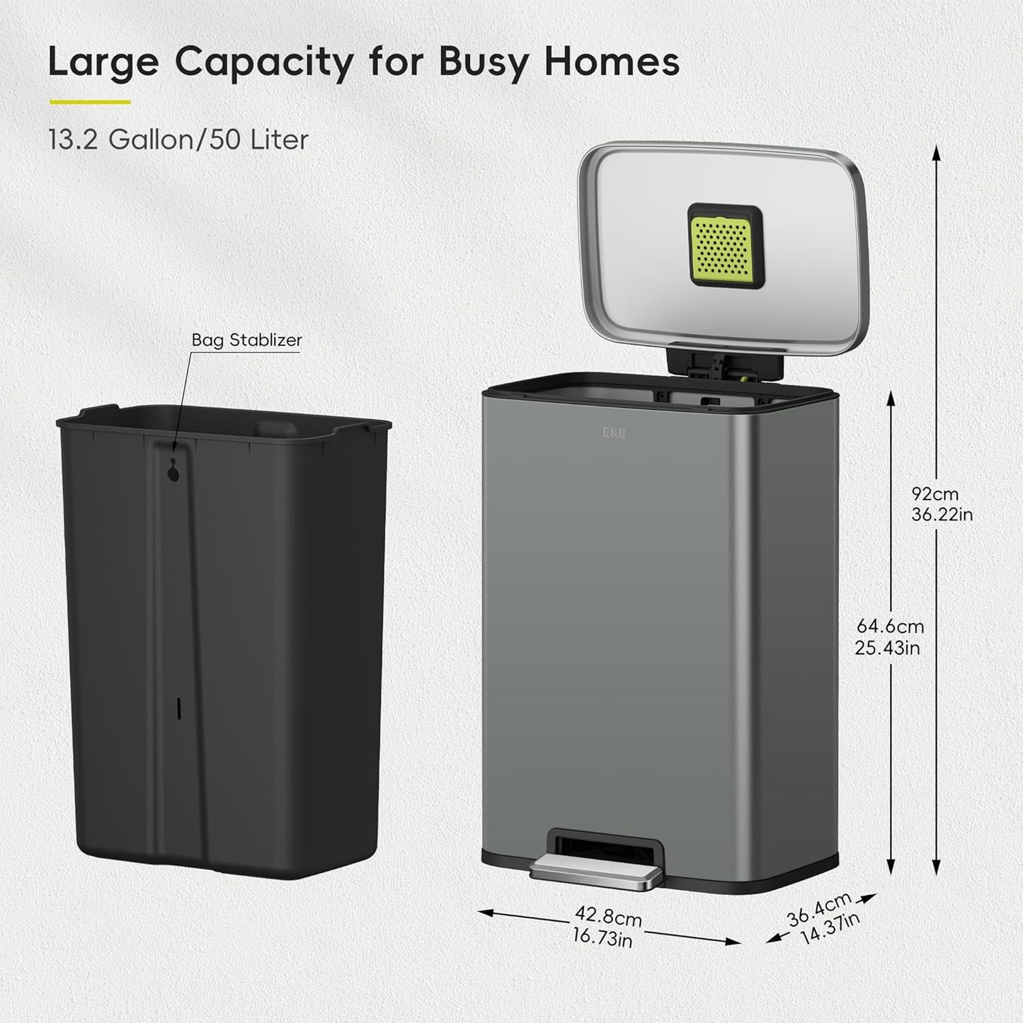 EKO Madison Nardo Grey Stainless Steel 50 Liter/13.2 Gallon Step Trash Can with Inner Liner