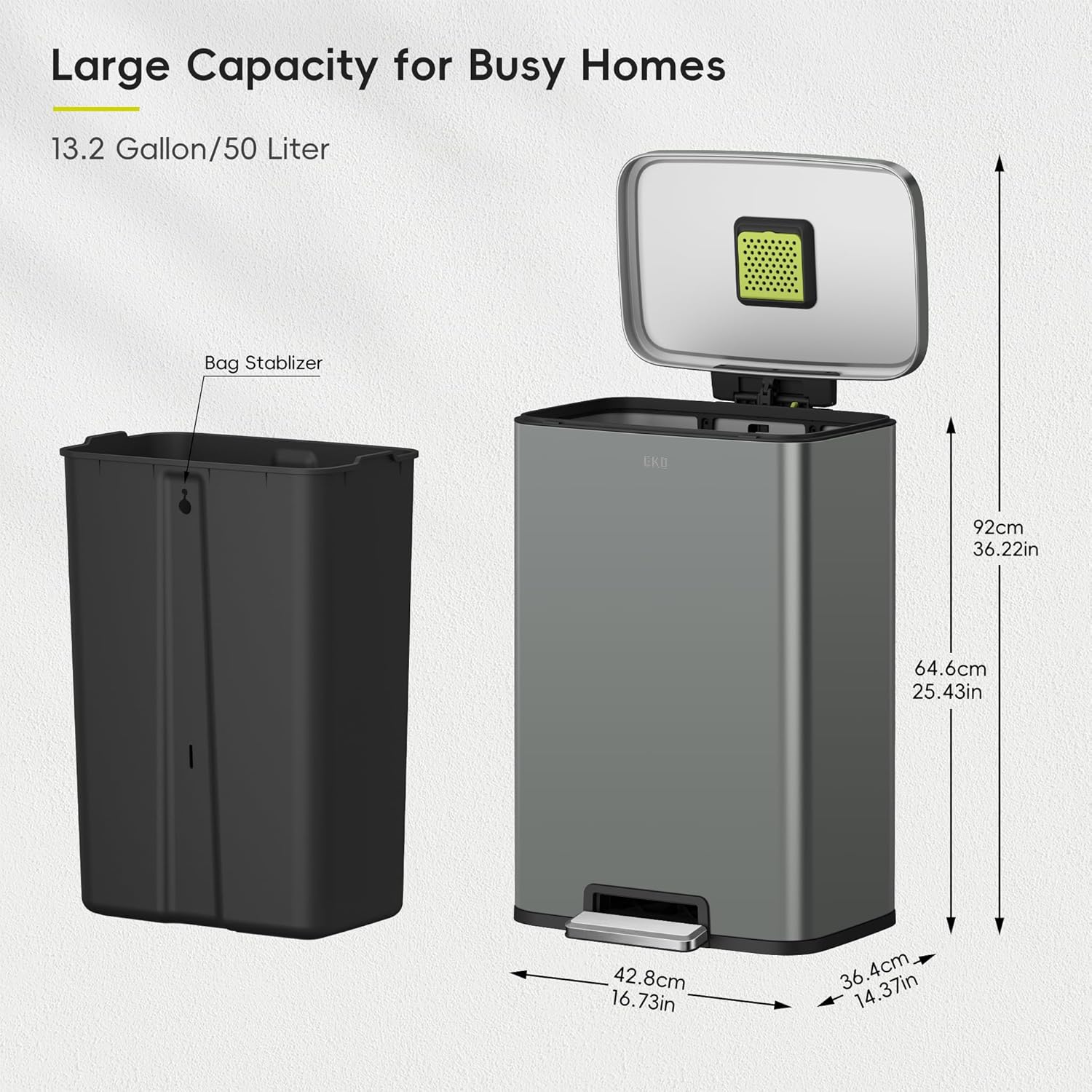 EKO Madison Nardo Grey Stainless Steel 50 Liter/13.2 Gallon Step Trash Can with Inner Liner