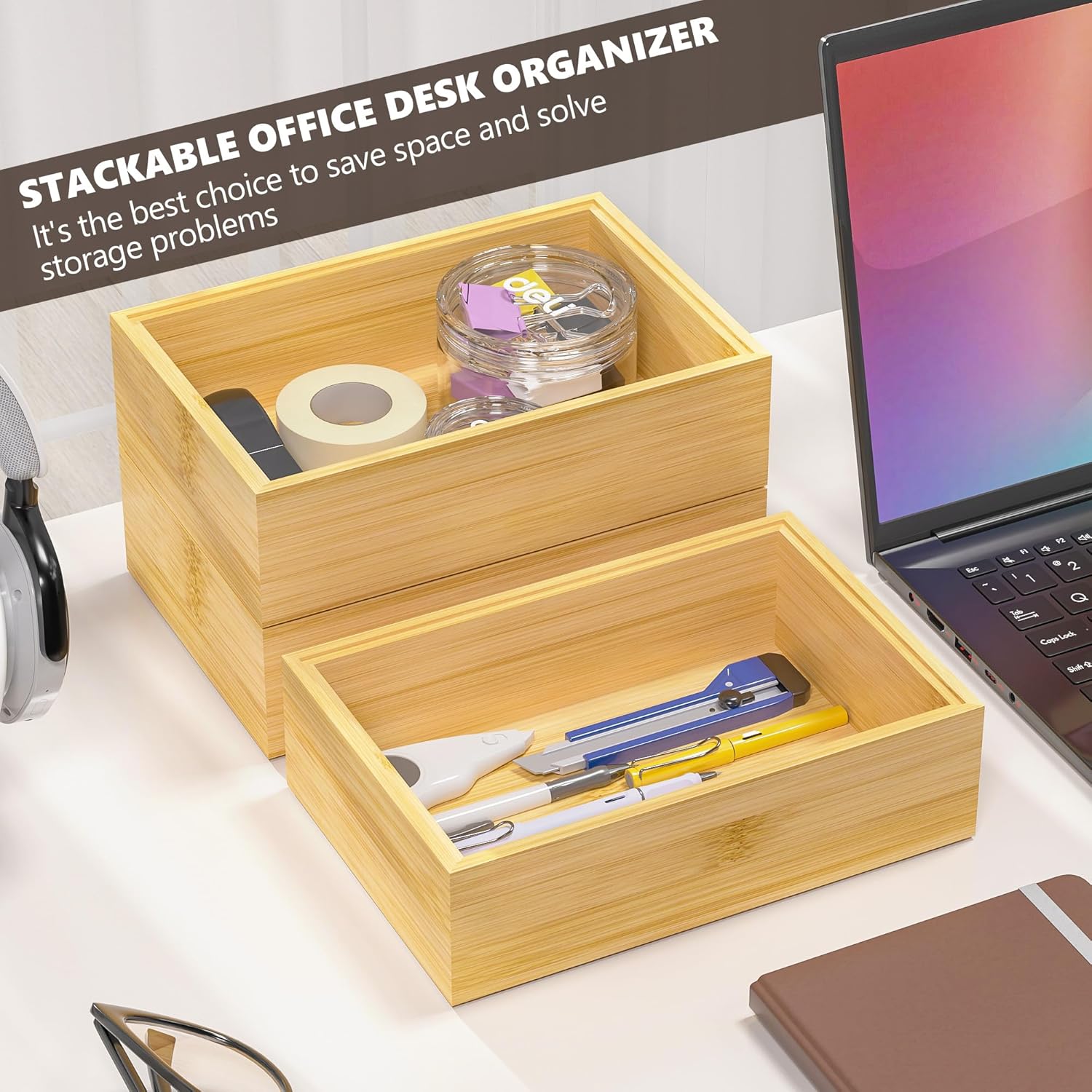 Kitchen Drawer Organizer Bins, Stackable Bamboo Drawer Organizer for Silverware, Flatware, Deep