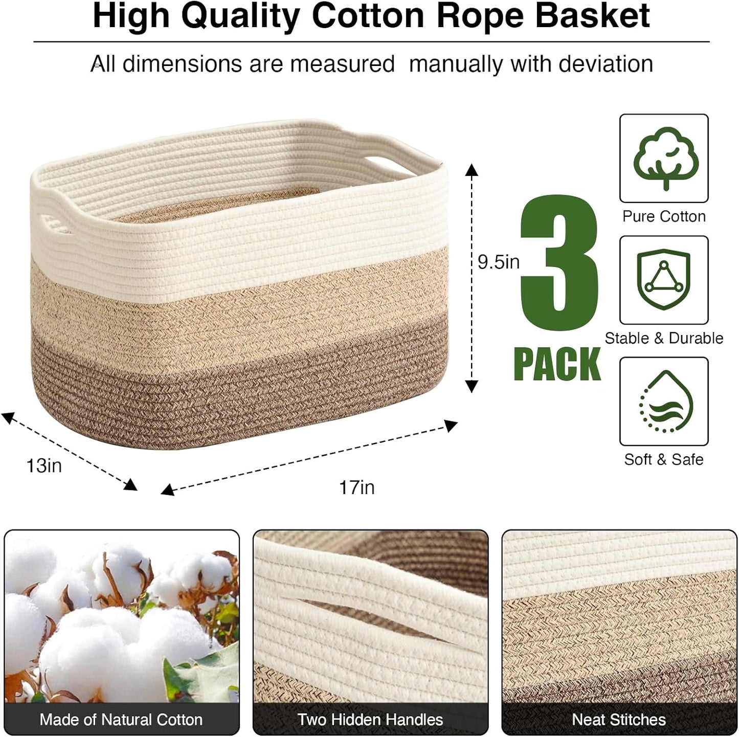 Large Storage Baskets for Organizing Shelves, Woven Cotton Rope Bins for Baby Nursery Organization