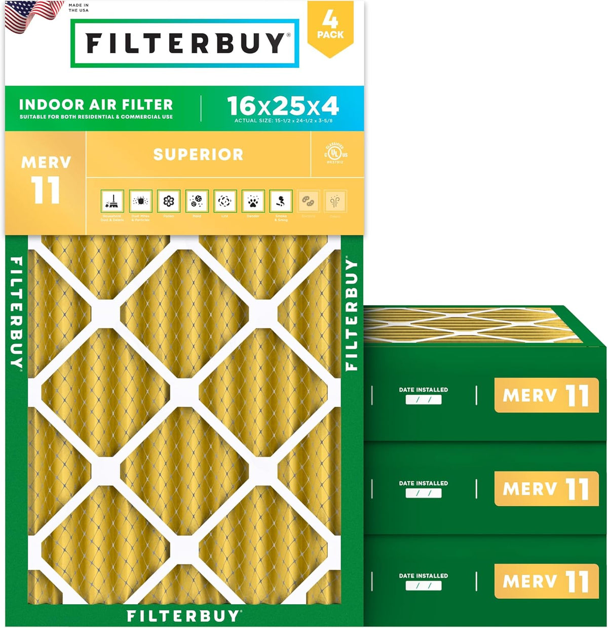 Filterbuy 16x25x4 Air Filter MERV 11 (MPR 1200) Allergen Defense Replacement (4-Pack)