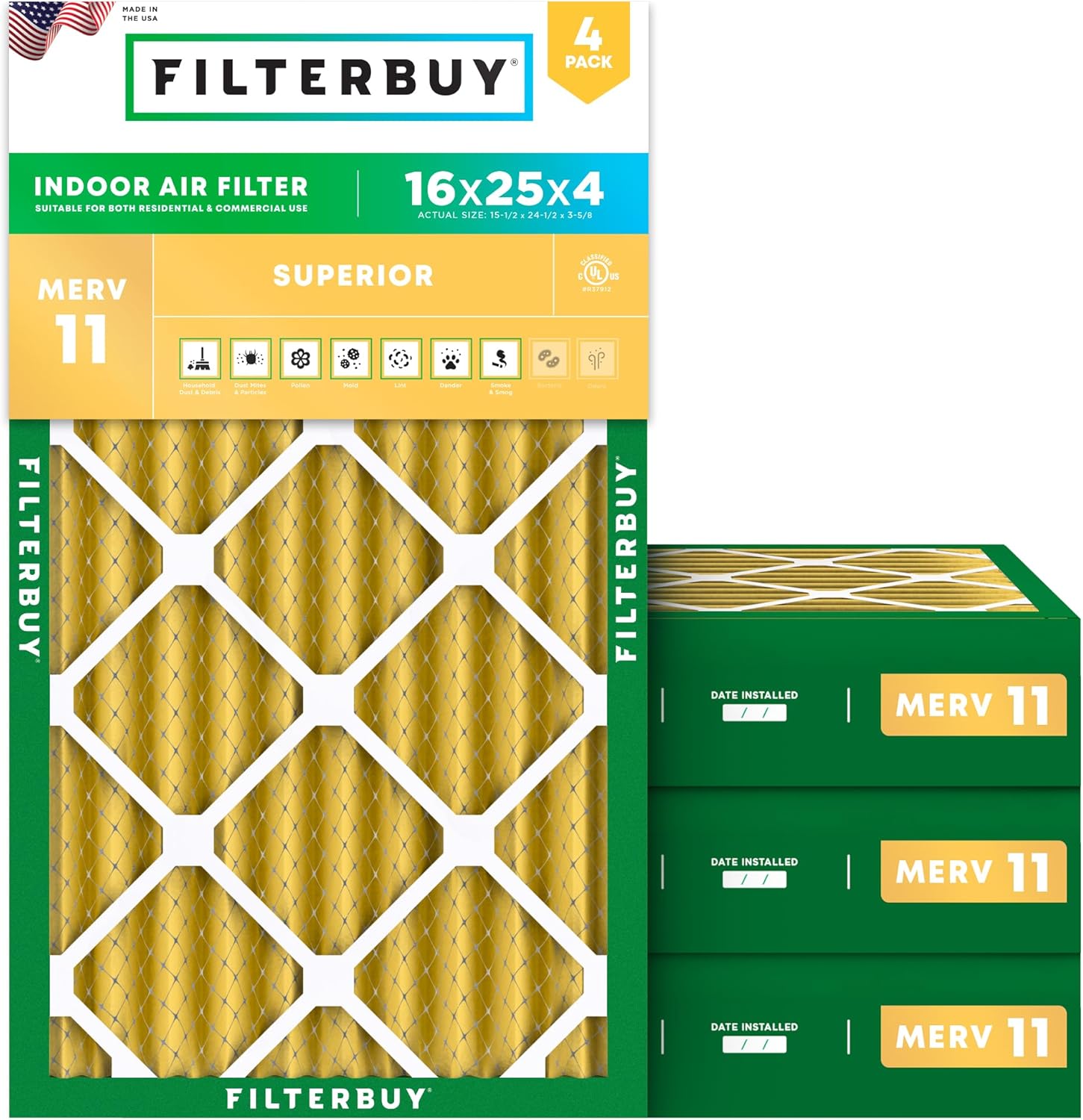 Filterbuy 16x25x4 Air Filter MERV 11 (MPR 1200) Allergen Defense Replacement (4-Pack)