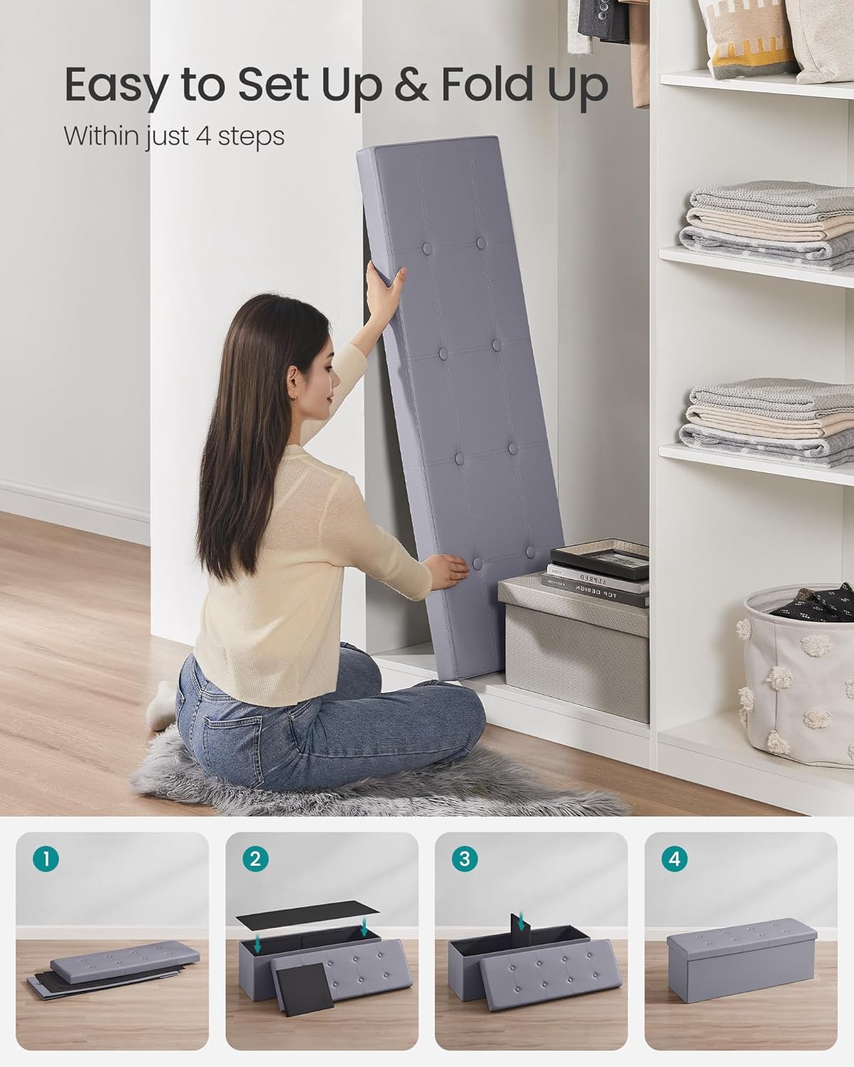 SONGMICS MAZIE Collection - 43 Inches Folding Storage Ottoman Bench, Ottoman with Storage, Foot