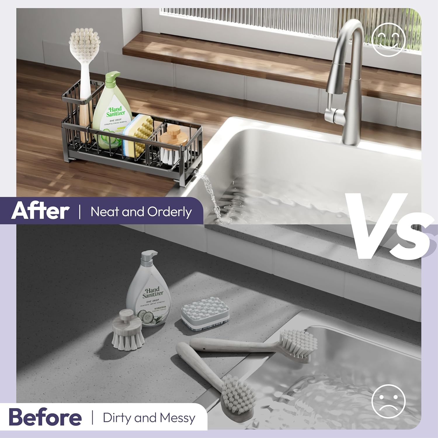 SWTYMIKI Sponge Holder for Kitchen Sink - Sink Caddy with Brush Holder Self-draining Sponge Caddy