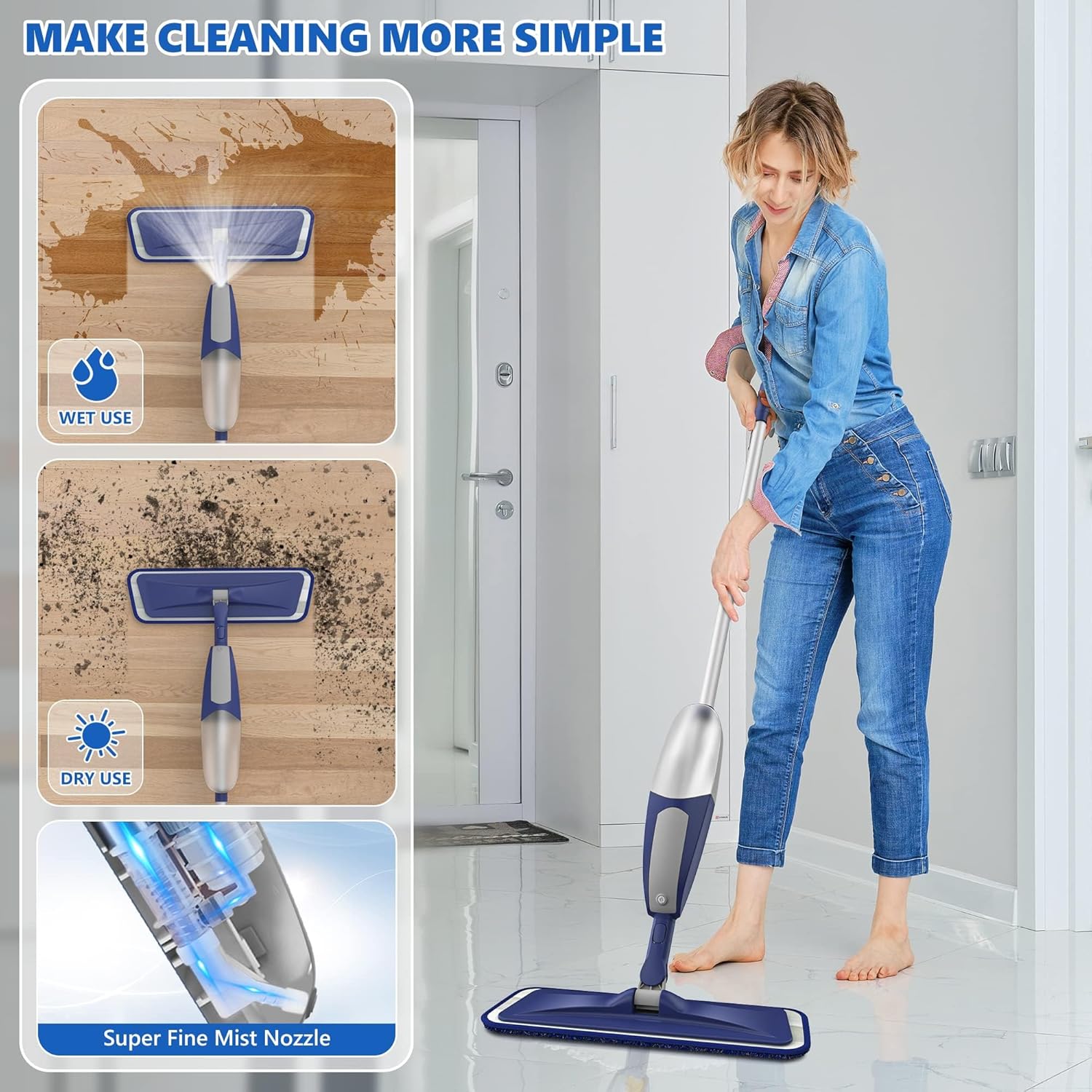 Spray Mops for Floor Cleaning - BPAWA Microfiber Floor Mop Flat Wet Mop Dry Dust Mop for Hardwood