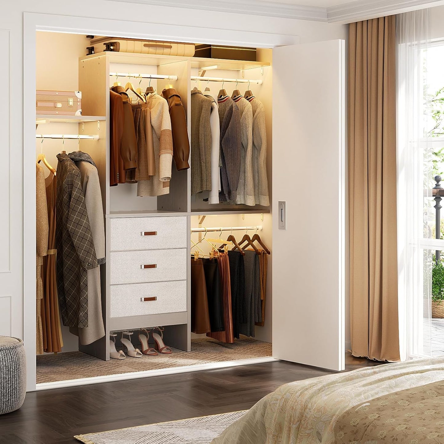 Armocity 5FT Small Closet System with 3 Fabric Drawers, 60 Inches Walk In Closet Organizer System