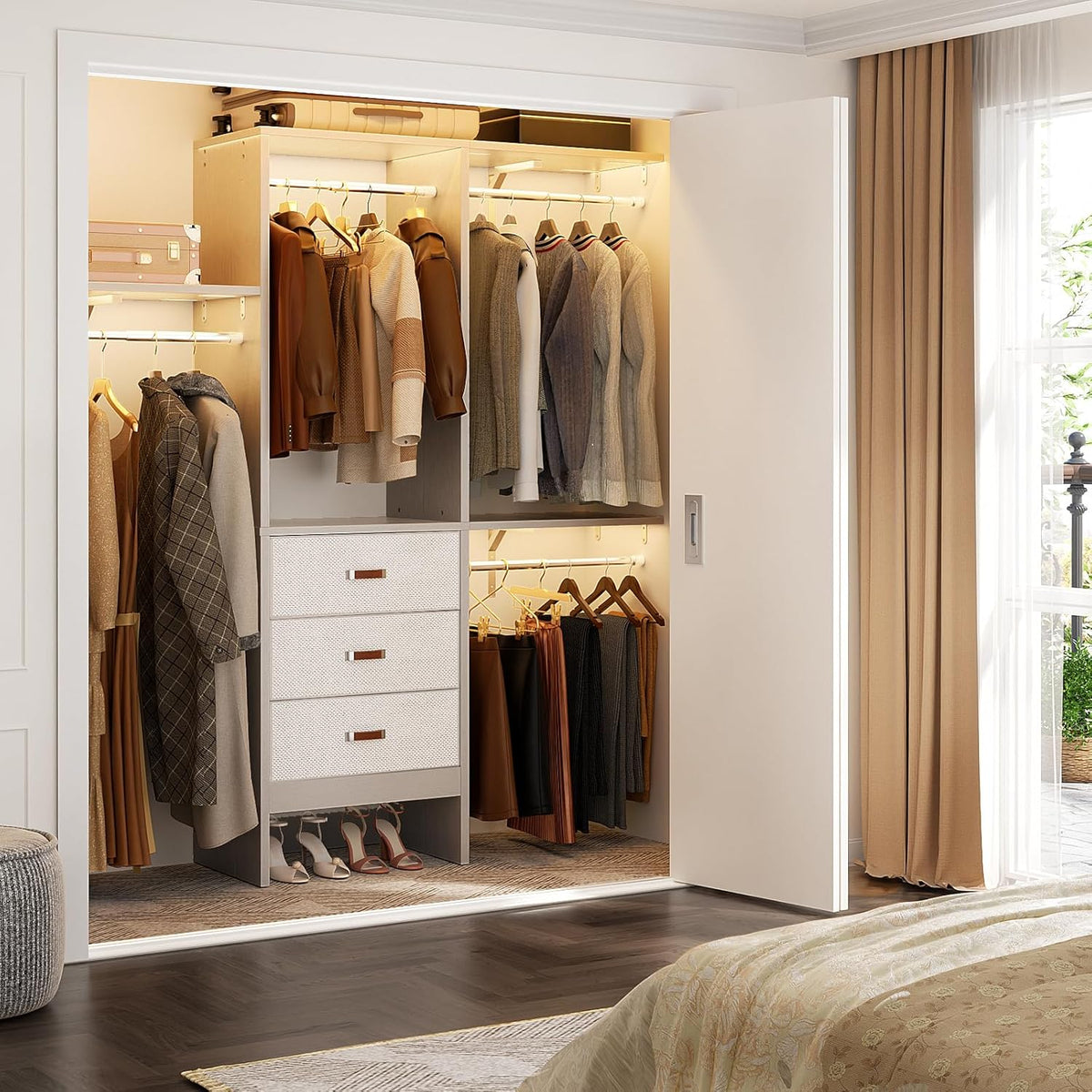 Armocity 5FT Small Closet System with 3 Fabric Drawers, 60 Inches Walk In Closet Organizer System