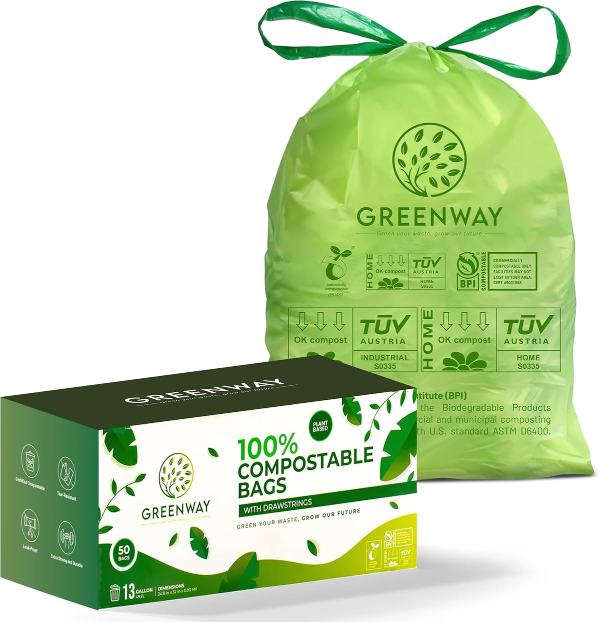 GREENWAY 13 Gallon Compostable Trash Bags Drawstring, 50 Bags, Heavy Duty Extra Thick 0.90 Mil