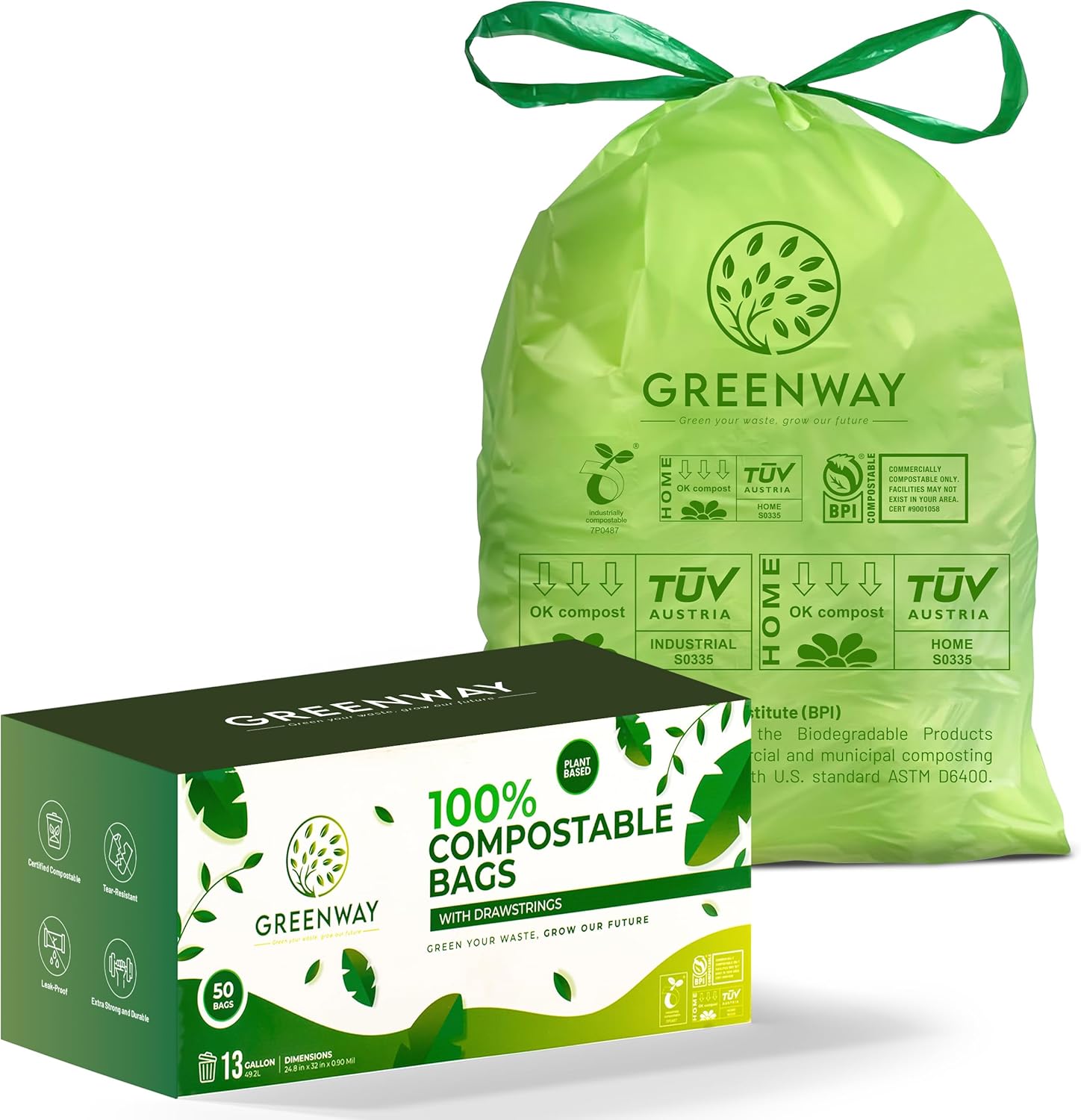 GREENWAY 13 Gallon Compostable Trash Bags Drawstring, 50 Bags, Heavy Duty Extra Thick 0.90 Mil