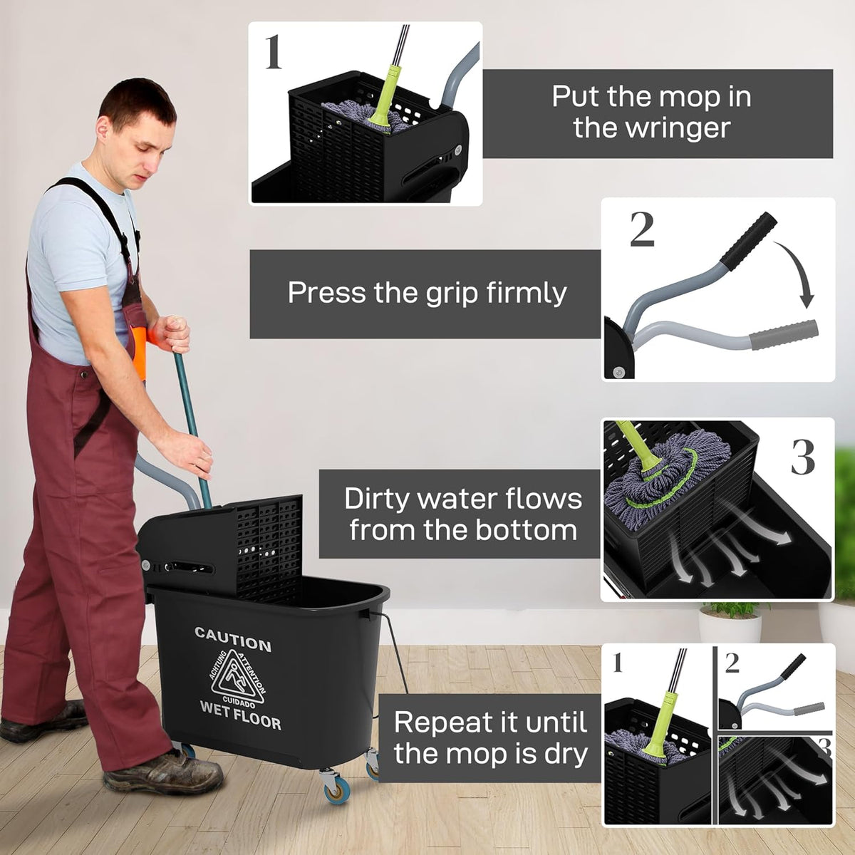 HOMCOM Compact Mop Bucket with Wringer on Wheels for Floor Cleaning, 21 Quart, Separate Dirty and