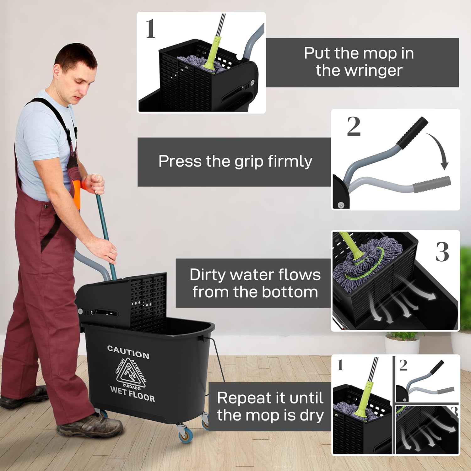 HOMCOM Compact Mop Bucket with Wringer on Wheels for Floor Cleaning, 21 Quart, Separate Dirty and