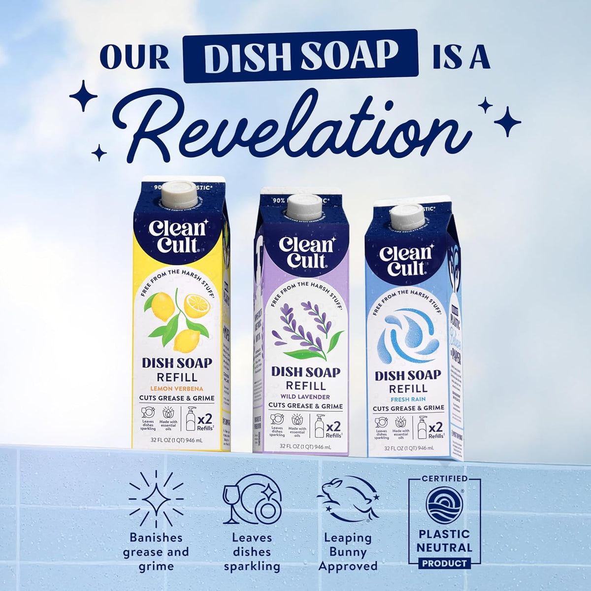 Cleancult Dish Soap Liquid Refills - Plant Based Cleaning Power - Cuts Grease & Grime - Free of