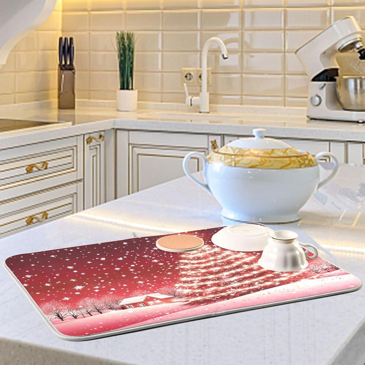 Christmas Tree Red Dish Drying Mat for Kitchen Countertop 16x18 Winter Snow Cabin Xmas Small Drying