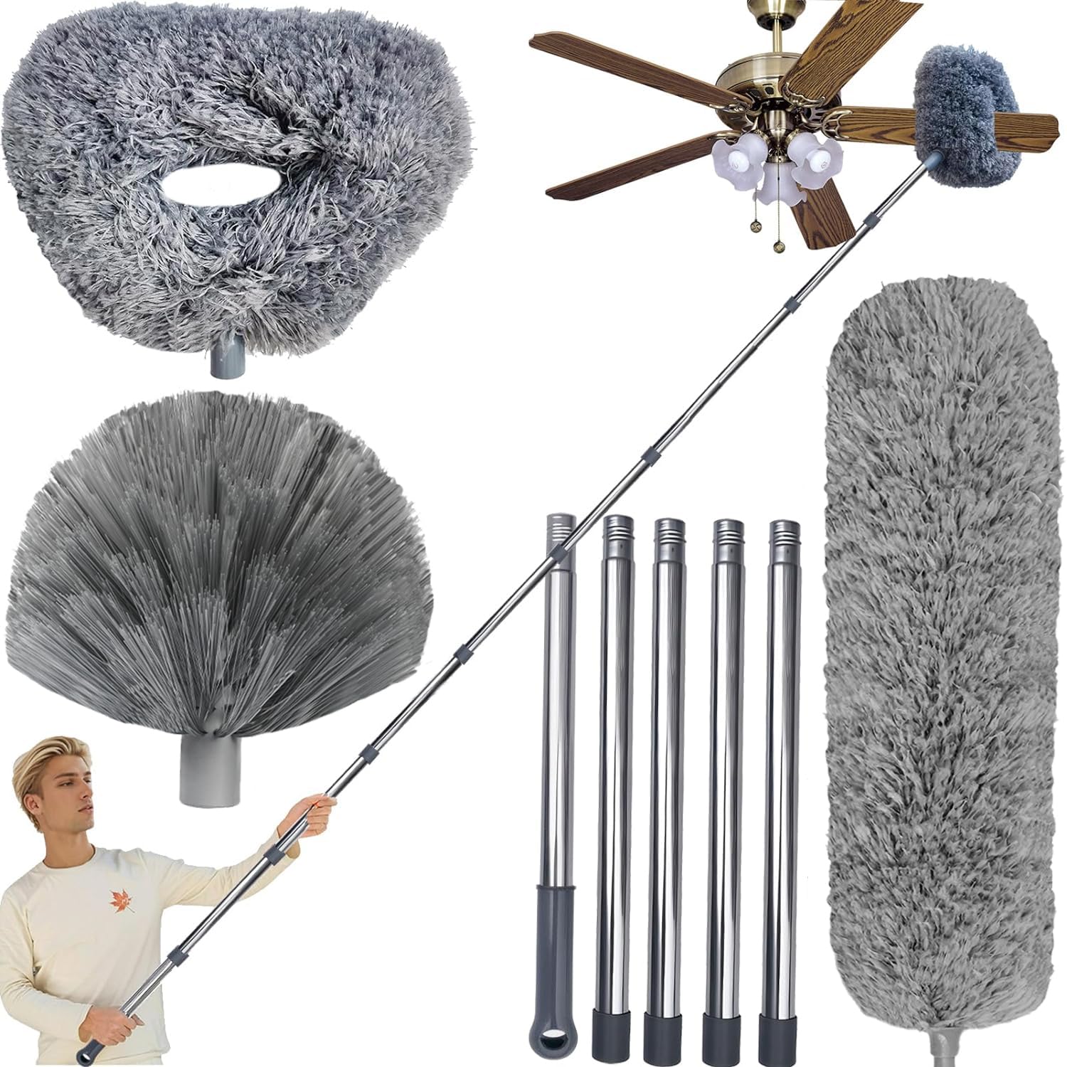 20+ Ft High Reach Ceiling Fan Duster & Cobweb & Corner Brush Duster with 3-14 ft Spliceable Pole