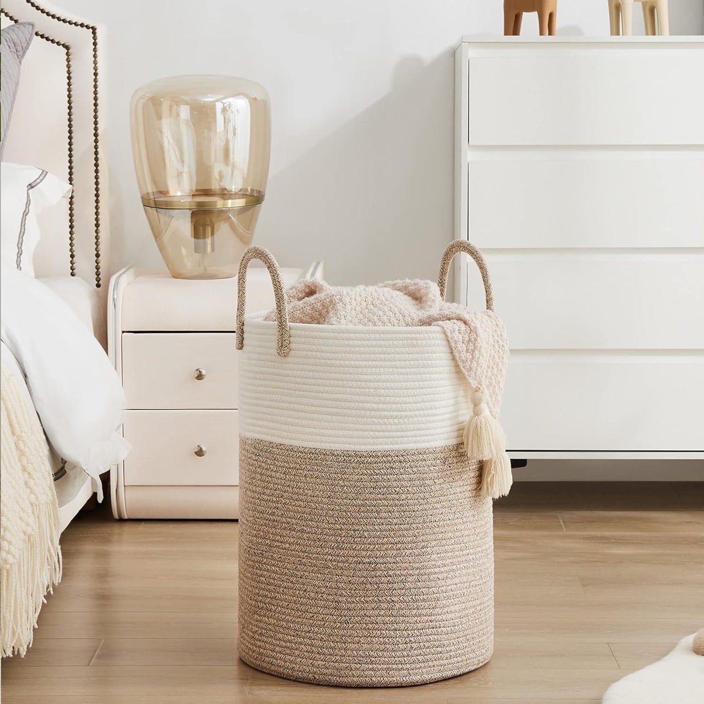 YOUDENOVA Woven Rope Laundry Hamper Basket, 58L Tall Laundry Basket, Baby Nursery Hamper for