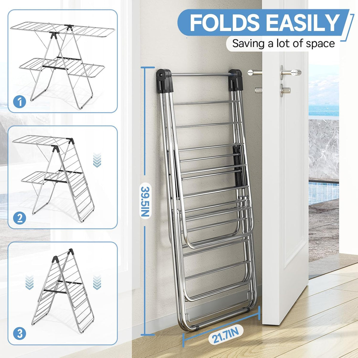 APEXCHASER Clothes Drying Rack with 4 Wings, Stainless Steel Drying Rack Clothing with
