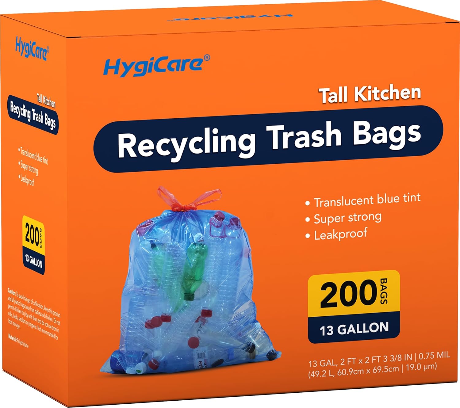 13 Gallon Recycling Trash Bags, Unscented 200 Count Drawstring Tall Kitchen Garbage Bags