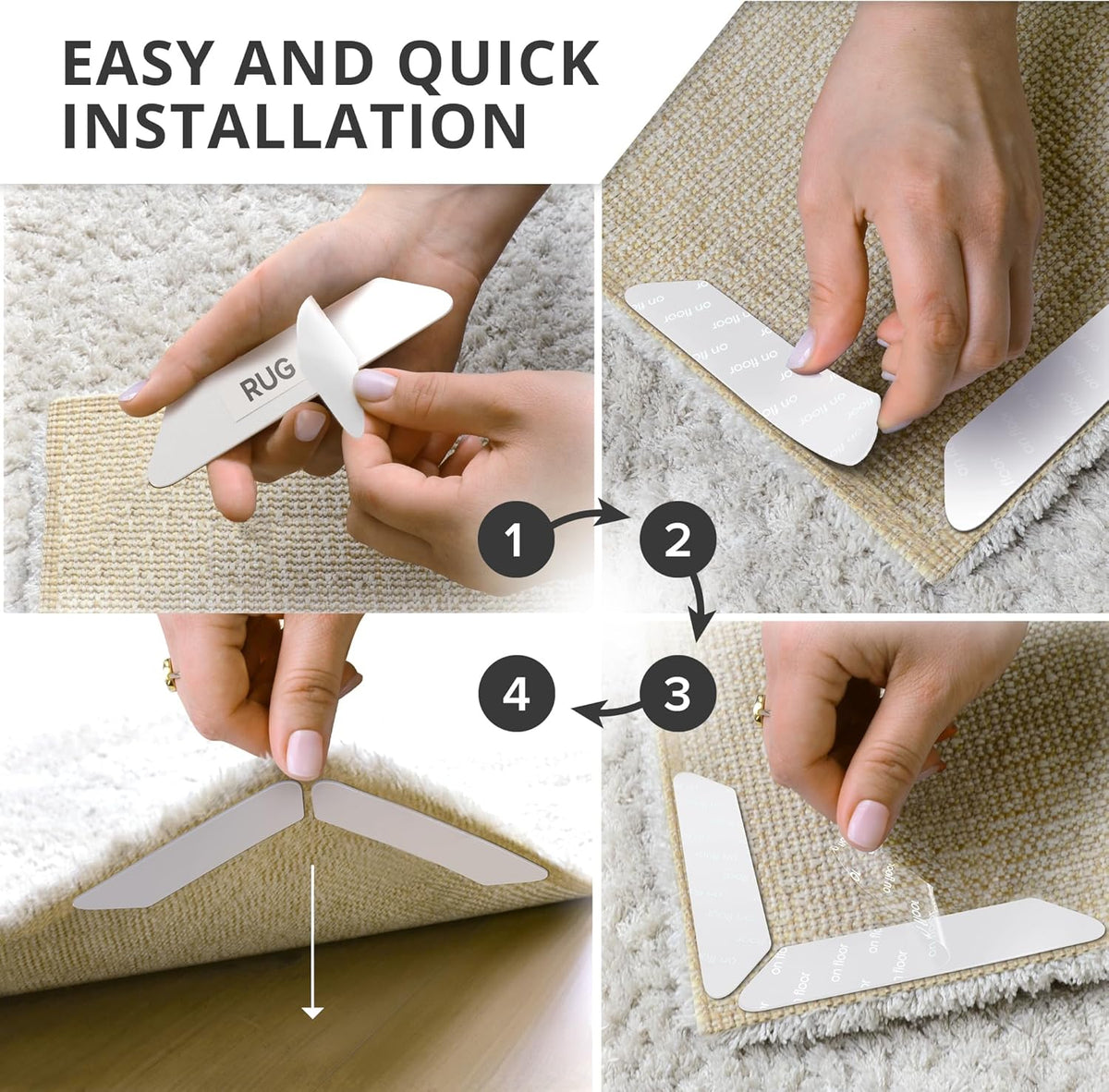 X-Protector Rug Tape - 8 Pcs Set - White Anti-Slip & Anti-Curling Carpet Tape for Hard Floors